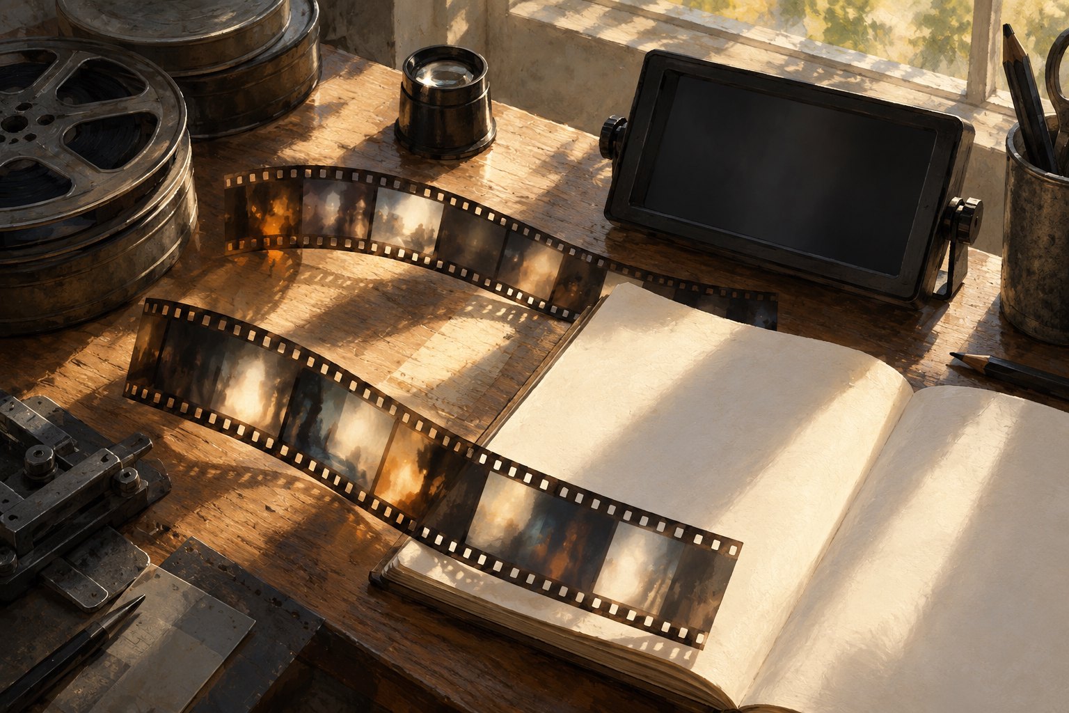 Conceptual illustration of loose film strips, a blank notebook, and a dark viewing screen on a sunlit editing desk.