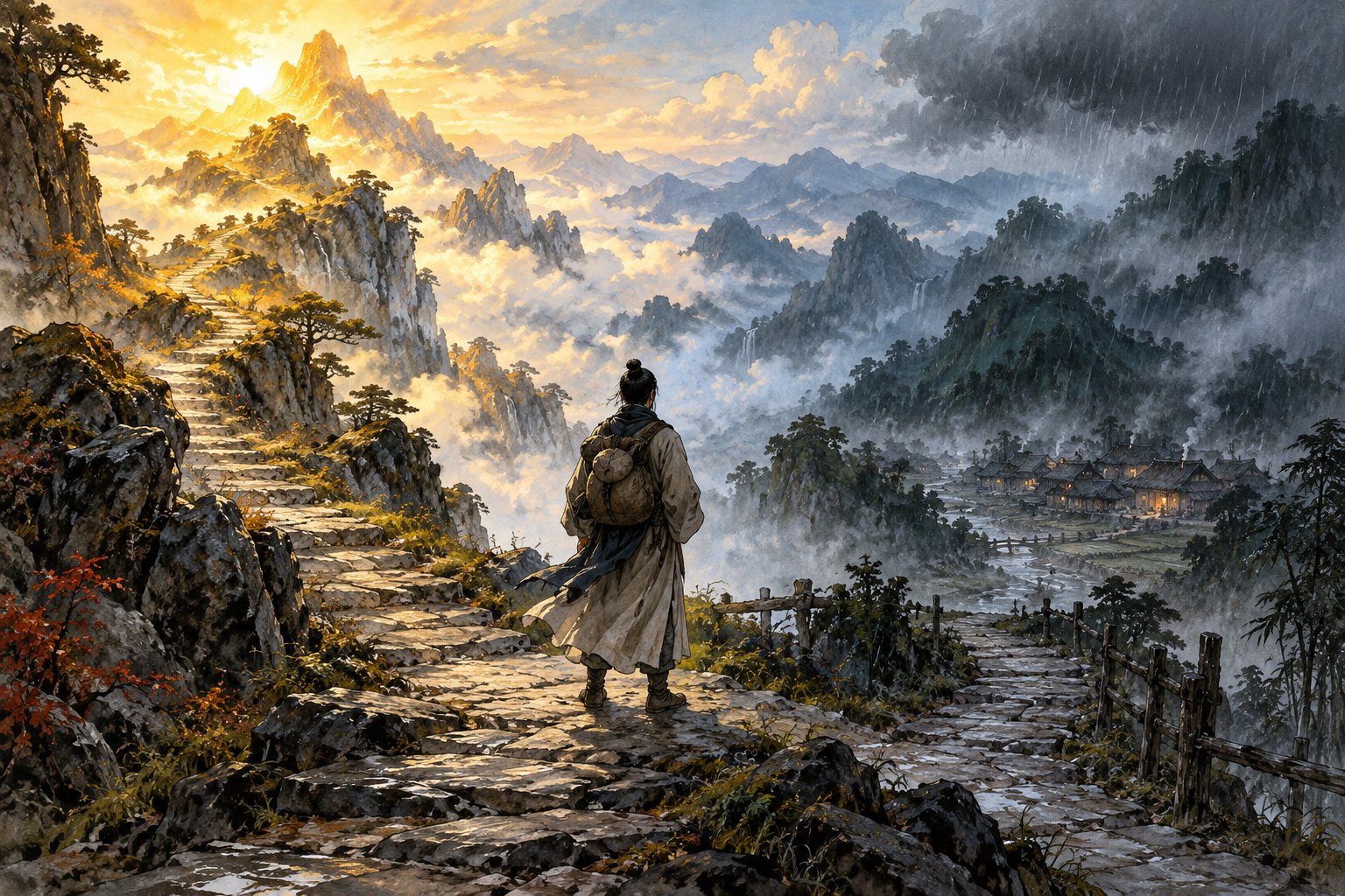 古装旅人在通向晴朗高峰与雨雾村落的岔路前停步,人物选择主题意象插画,非影片剧照