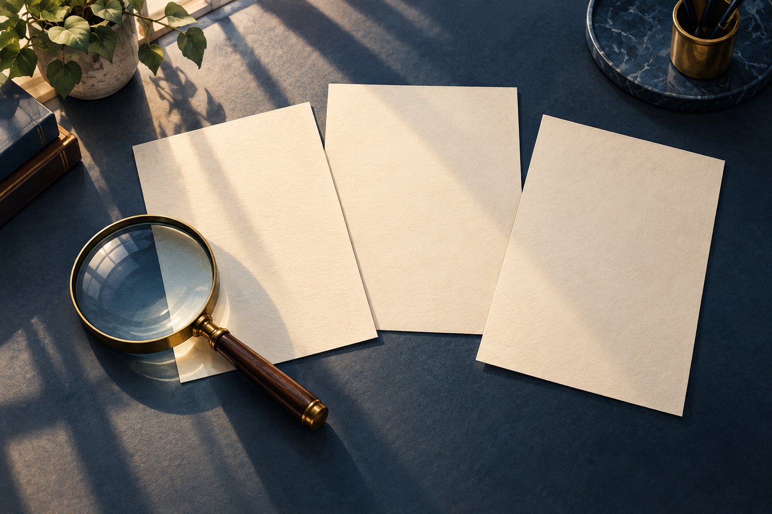 A magnifying glass beside three blank sheets of paper on a blue desk, symbolizing careful scrutiny of reporting.