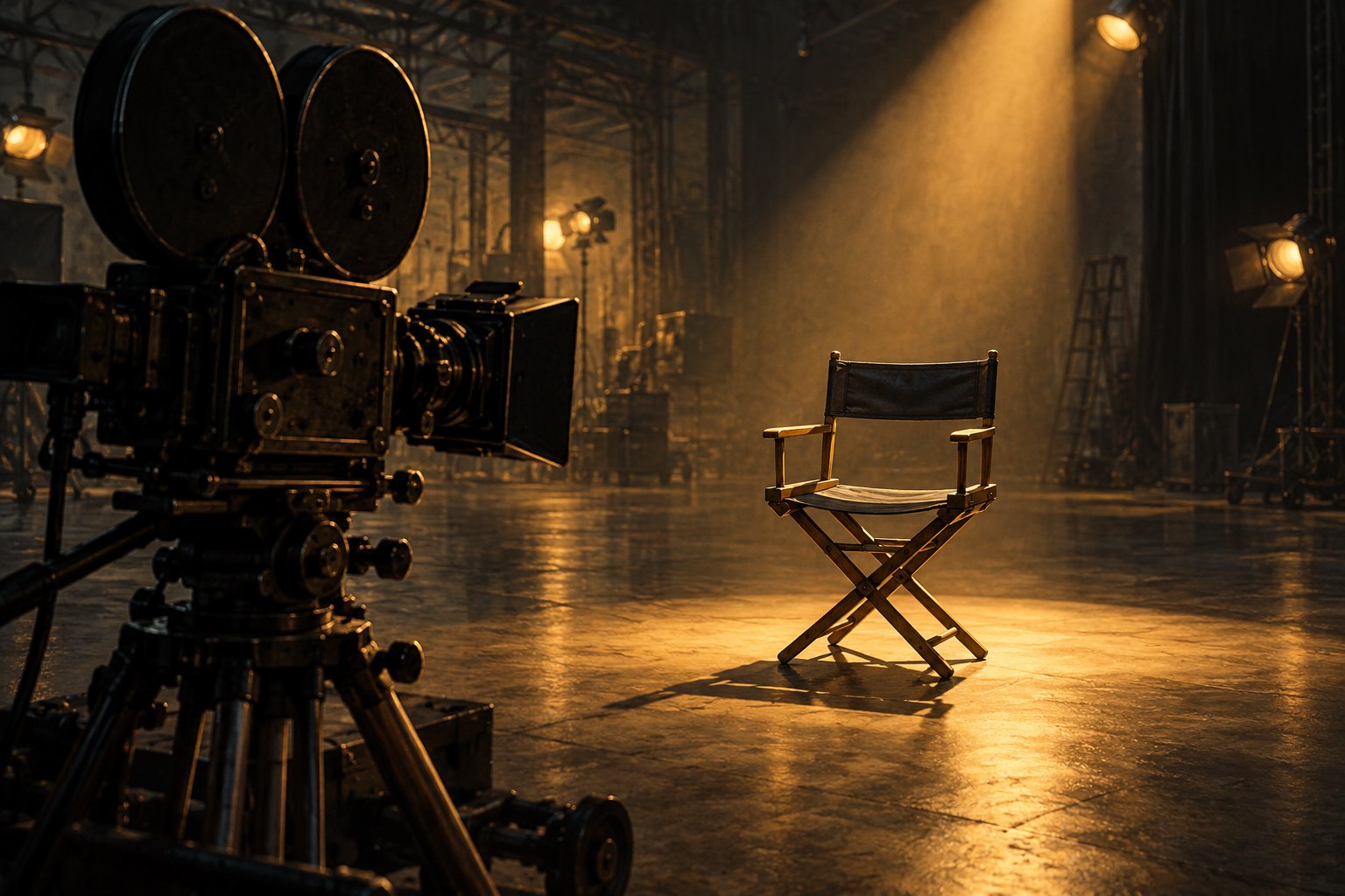 Conceptual illustration of a film camera facing an empty canvas chair under an amber spotlight on a shadowy soundstage.