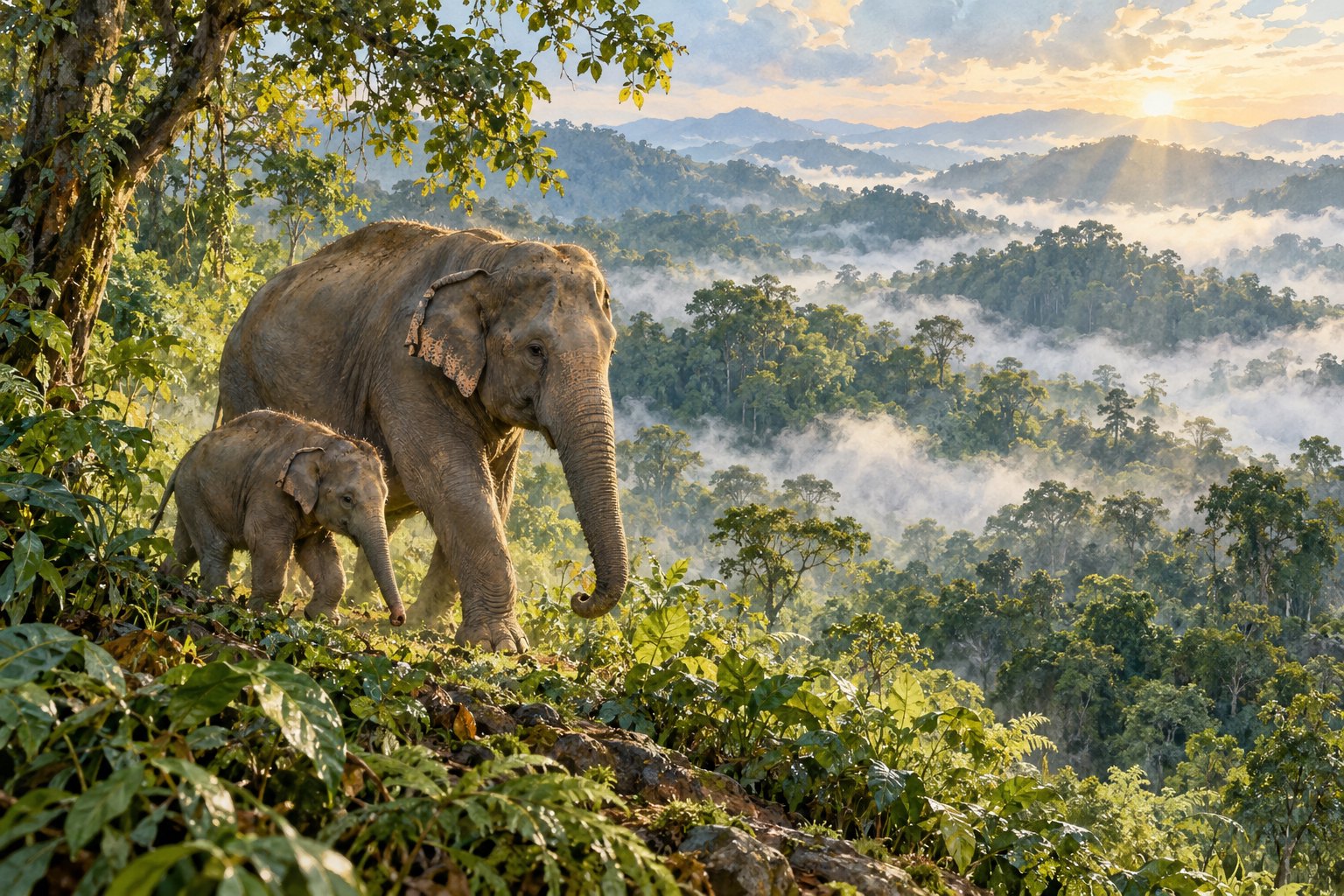 成年亚洲象与幼象在晨雾笼罩的热带雨林边缘同行的主题插画,非影片剧照