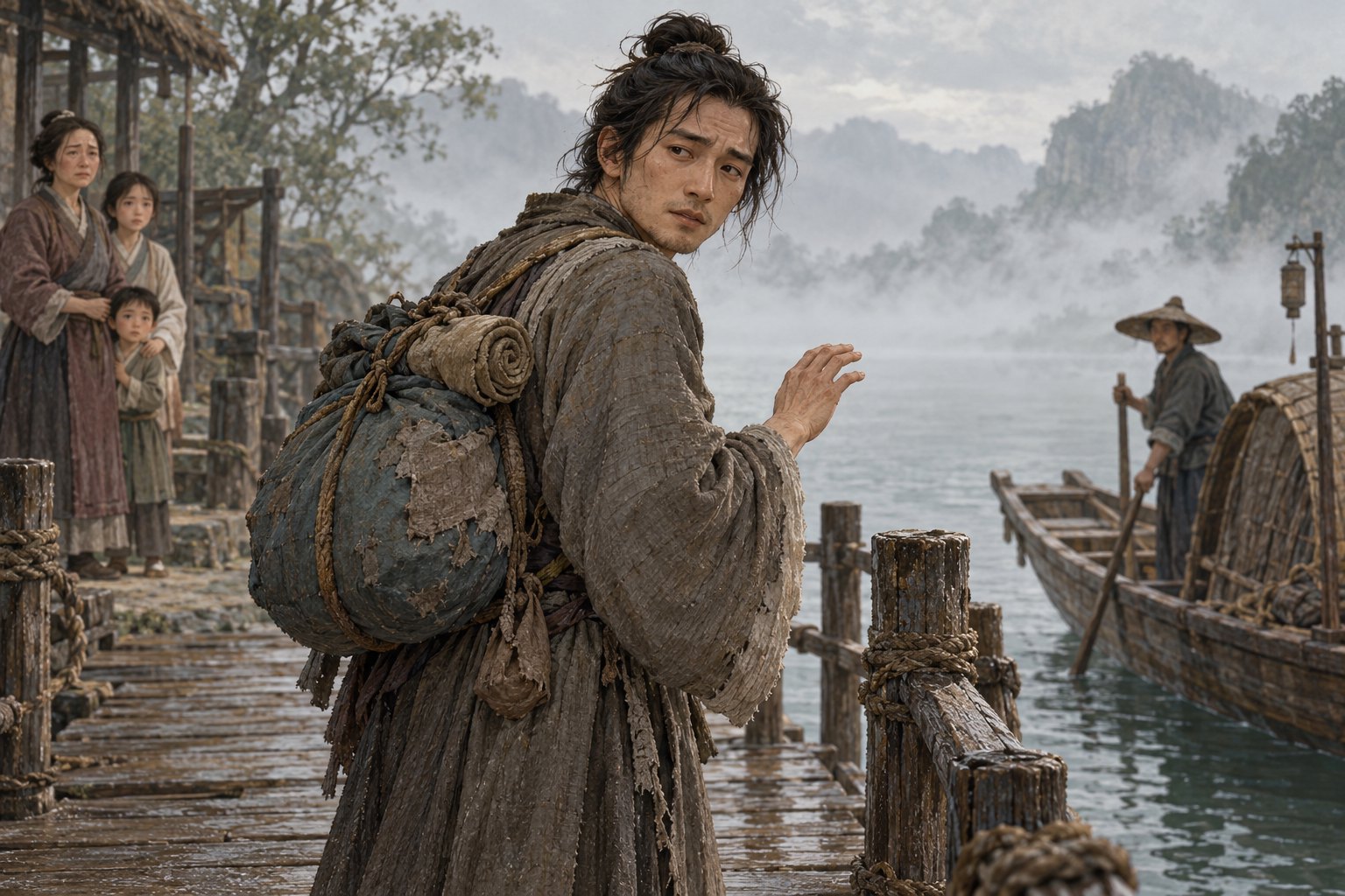 古代渡口的虚构旅人背着行囊回望家人,船夫在雾中等待的情境插画