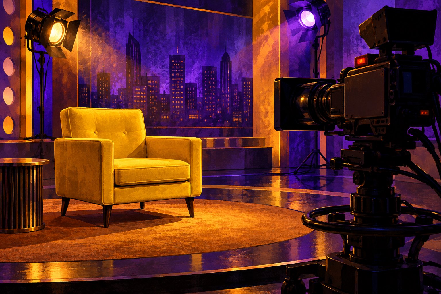 Conceptual illustration of an empty yellow talk-show chair facing a television camera under purple and amber studio lights.