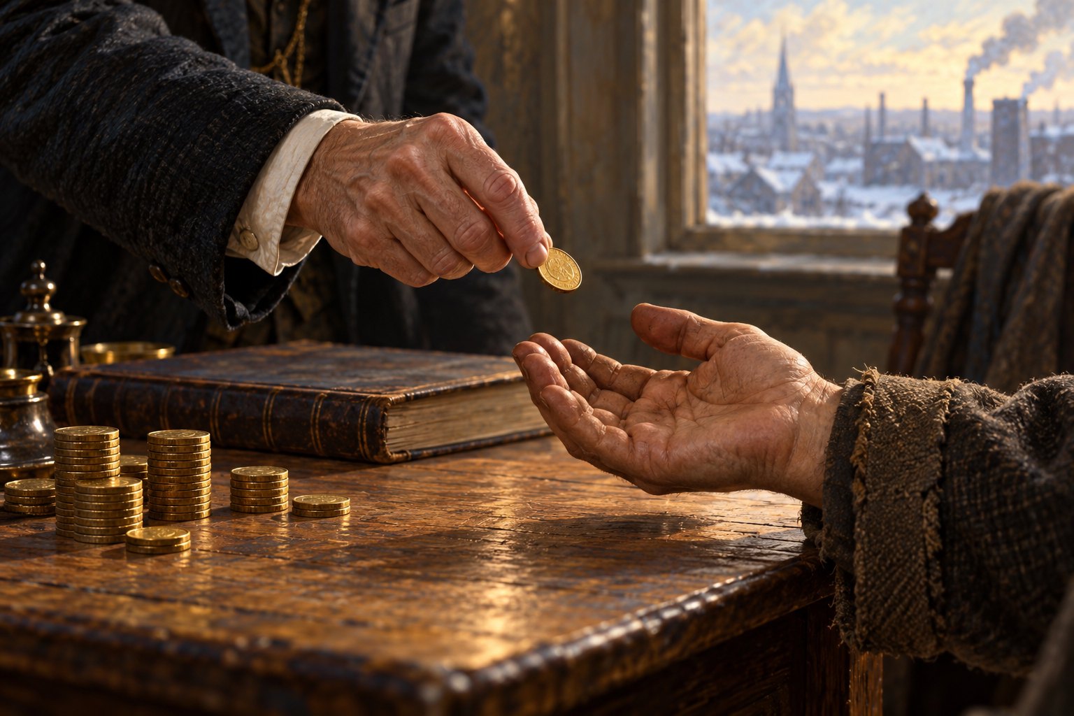 An illustrated hand offers a gold coin toward an open palm across a wooden desk with a closed ledger.
