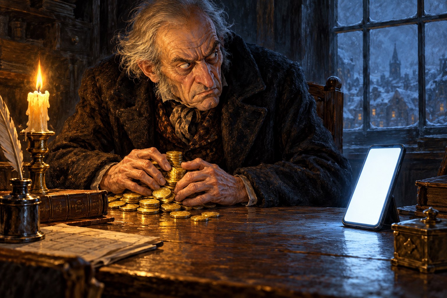 An imagined Victorian miser guards gold coins beside a smartphone with a blank glowing screen.