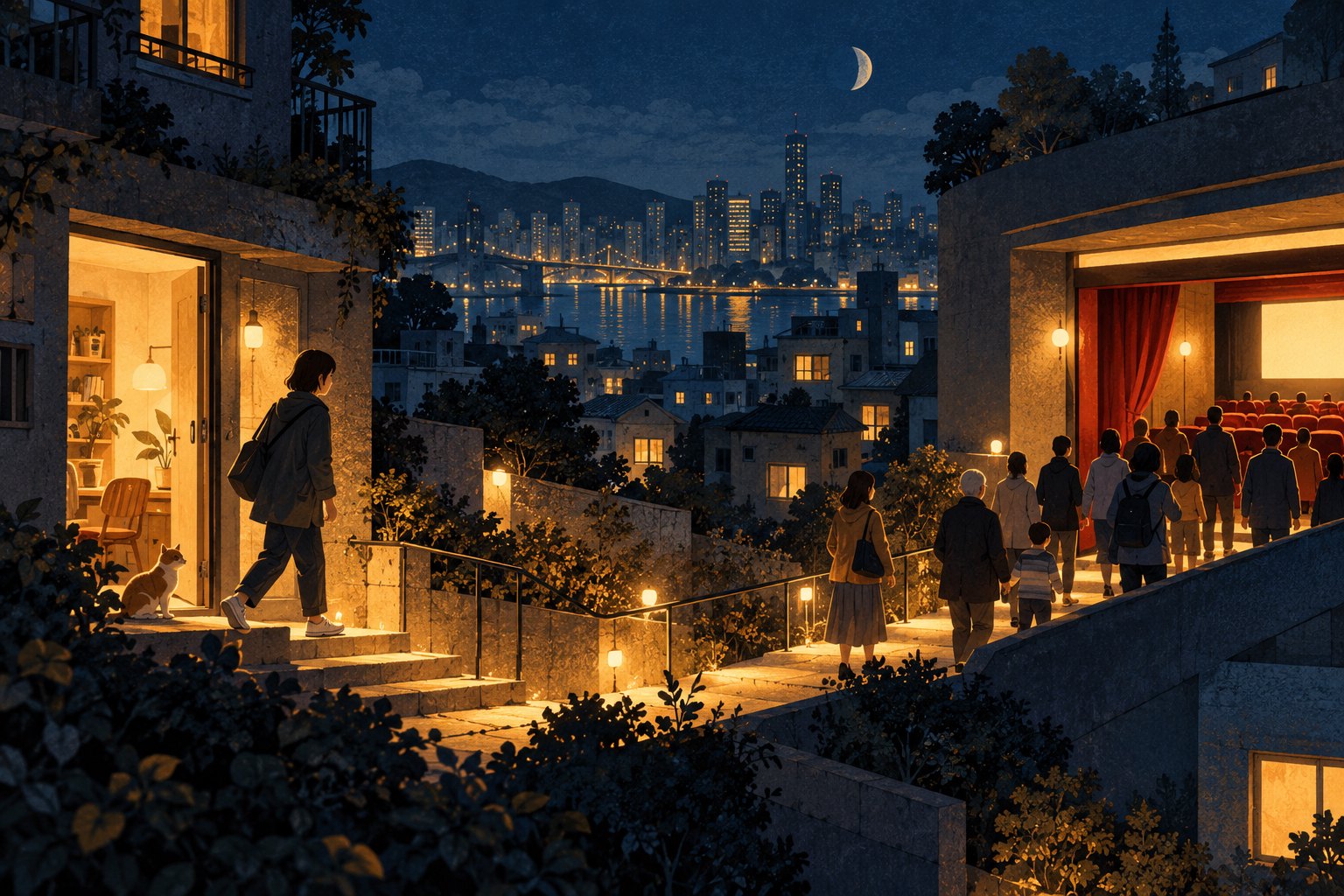 夜色中,一名观众离开亮灯的小屋,沿着暖光步道走向有人相聚的电影院,概念插画