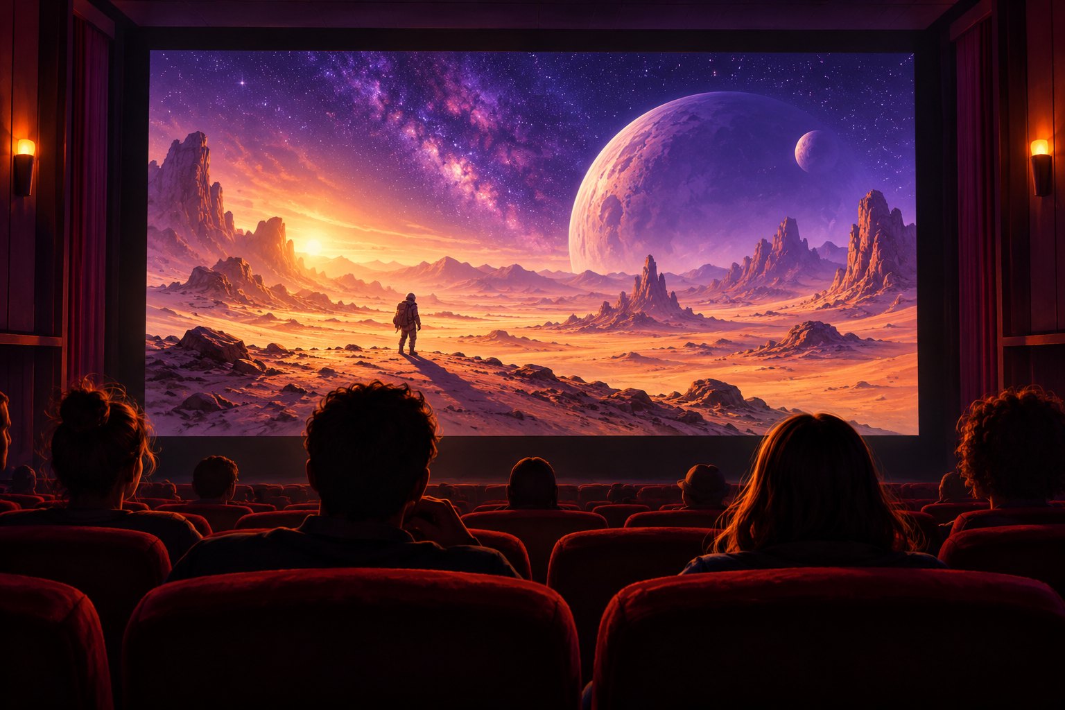 Conceptual illustration of moviegoers watching a lone traveler cross an alien desert beneath a purple star-filled sky.