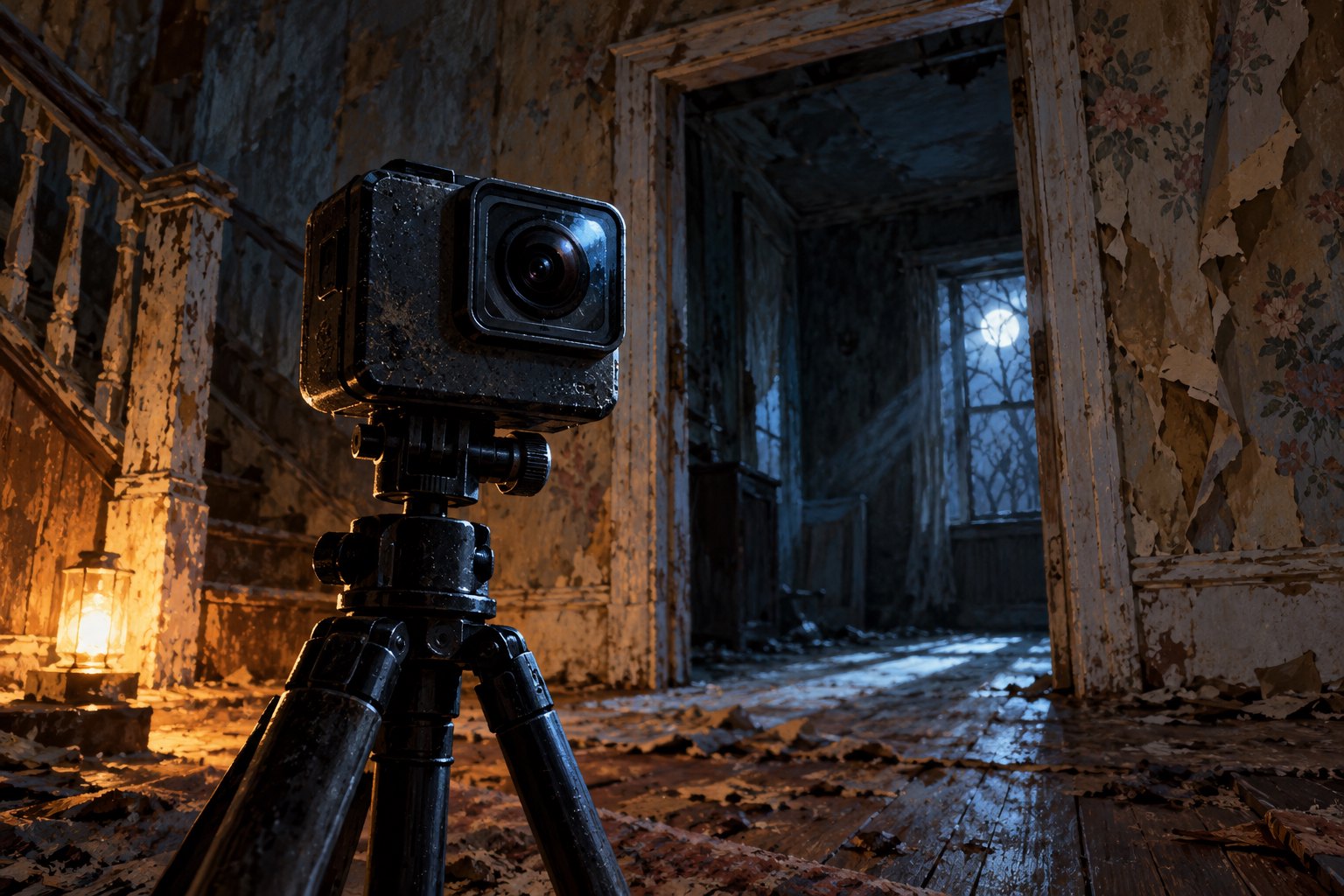 Conceptual illustration of an action camera on a tripod inside a decaying house lit by warm lamplight and cold moonlight.