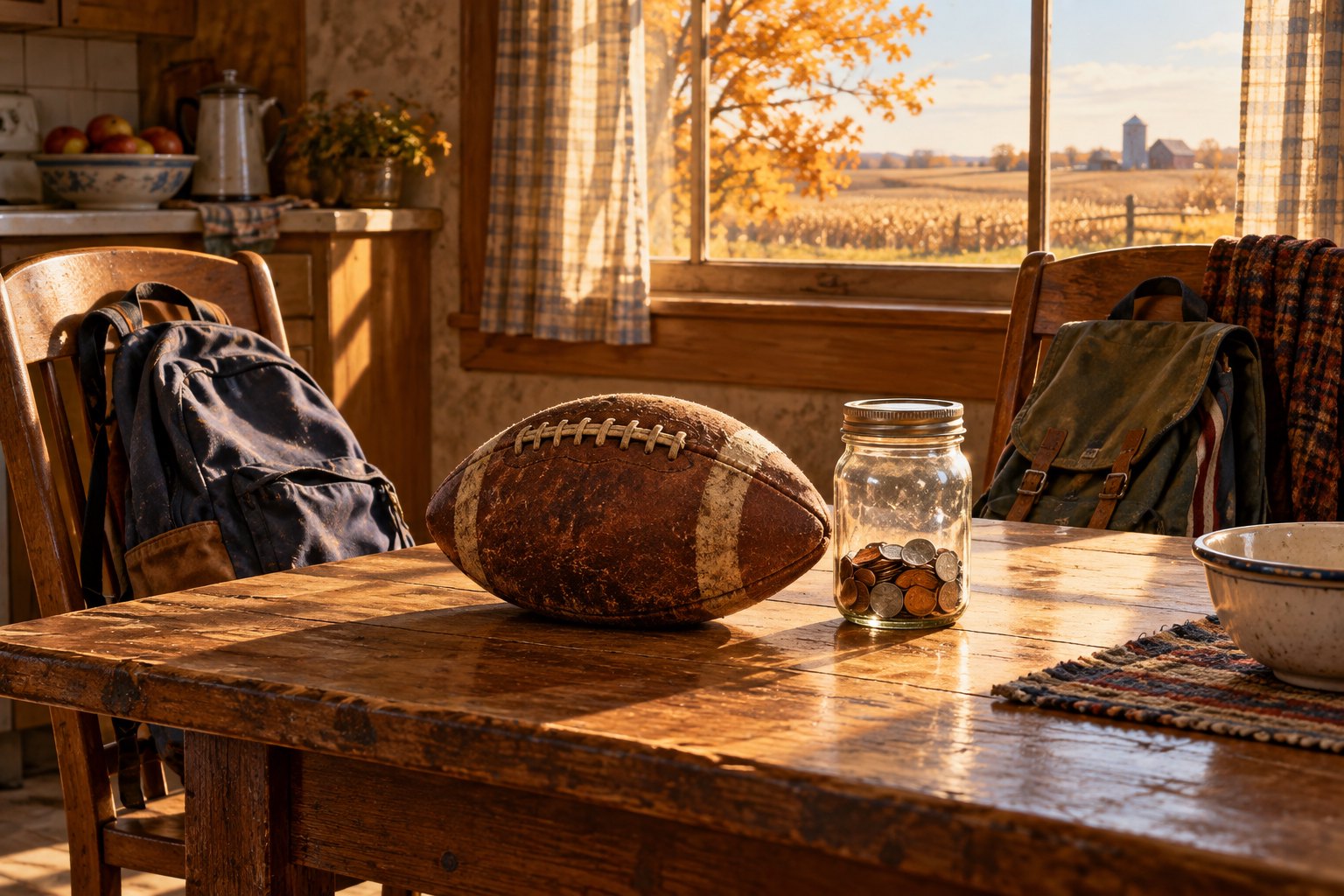 Conceptual illustration of a worn football and a jar of coins on a sunlit kitchen table beside two school backpacks.