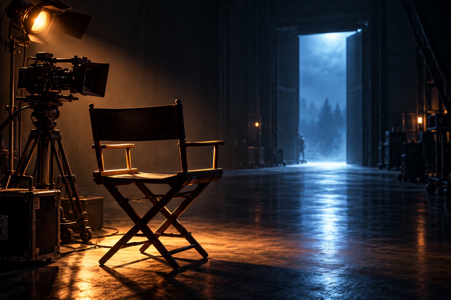 Conceptual illustration of an empty director’s chair beside a cinema camera in a dark studio with cool light beyond an open doorway.