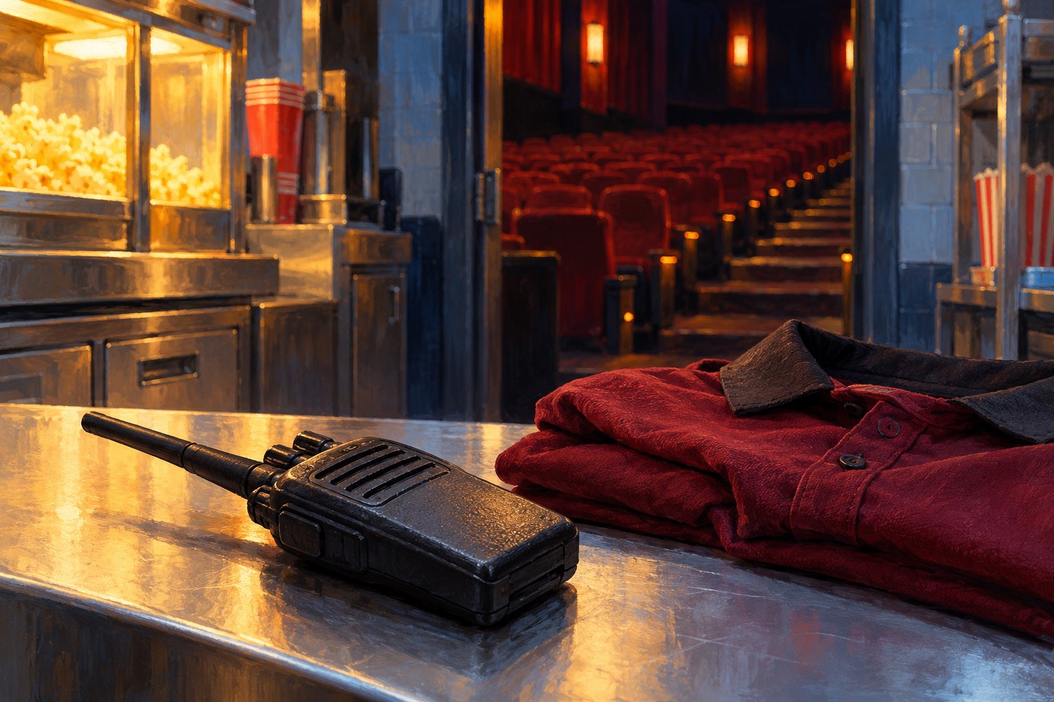 Conceptual illustration of a staff radio and folded burgundy uniform on a cinema counter, with empty auditorium seats beyond.