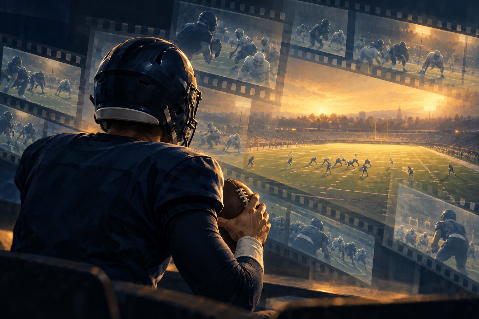 Conceptual illustration of a quarterback holding a football beside translucent game-film frames overlooking a sunlit field.