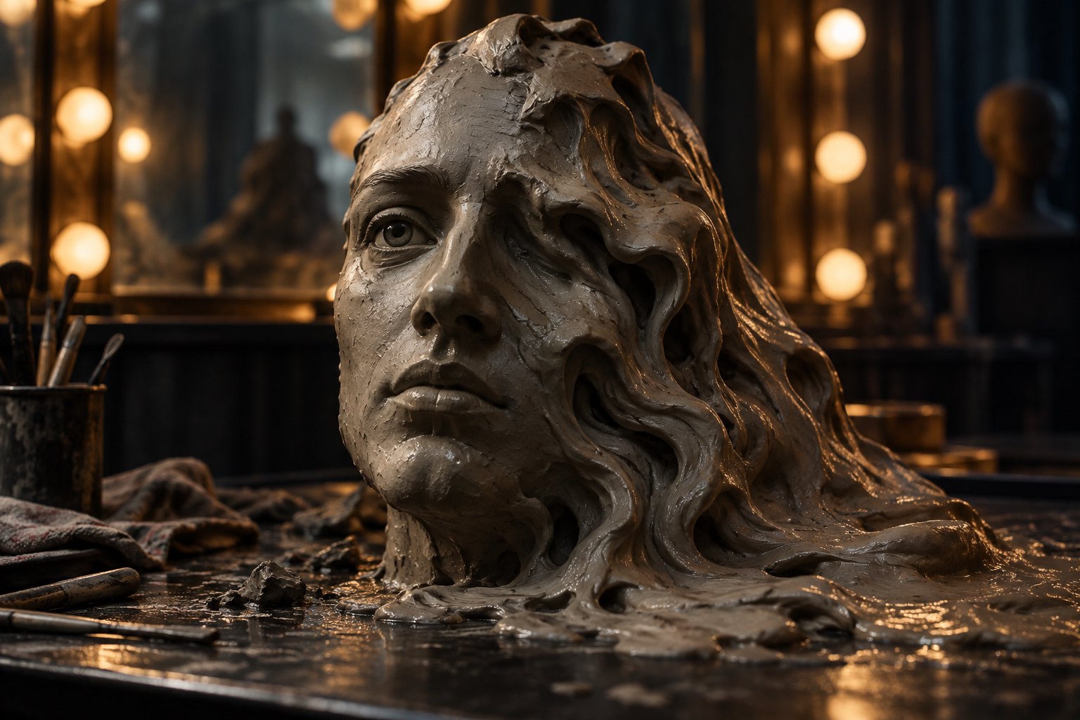 A partially melting clay face sits before a dressing room mirror surrounded by warm lights.