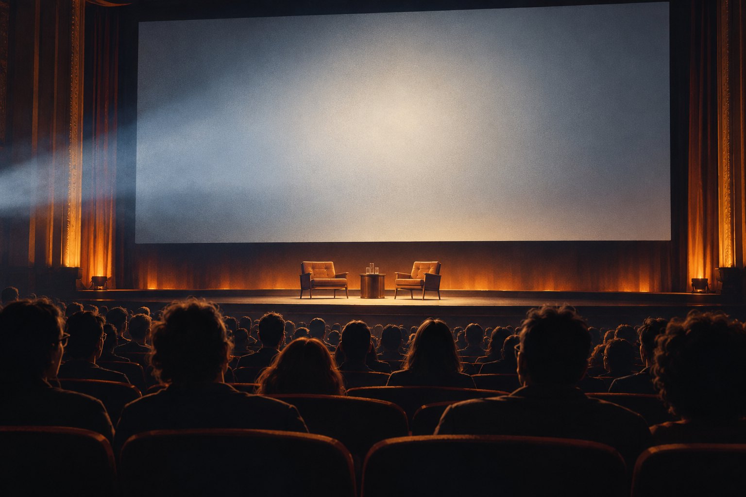 Conceptual illustration of a cinema audience facing a blank screen above two empty interview chairs.