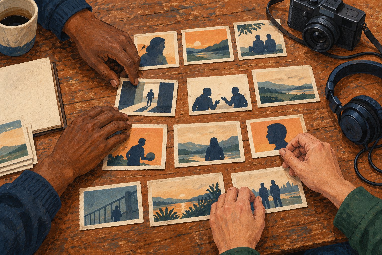 Conceptual illustration of collaborators arranging illustrated storyboard cards beside a camera and headphones on a wooden table.