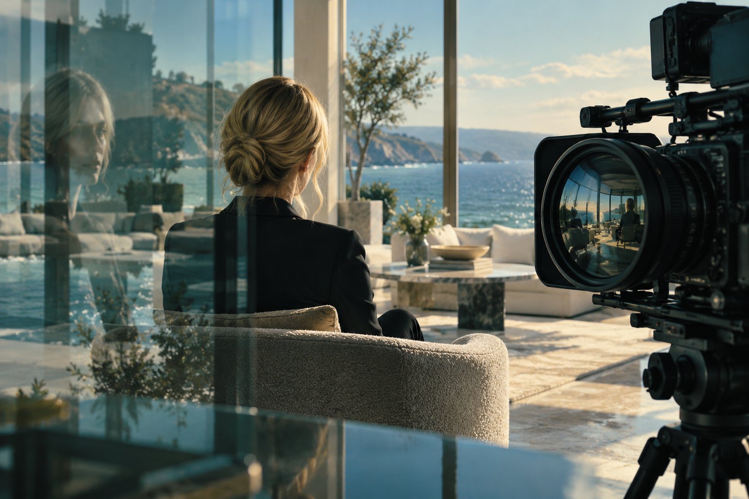 Conceptual illustration of a blonde woman beside a documentary camera in a sunlit coastal living room, with reflections across the glass.