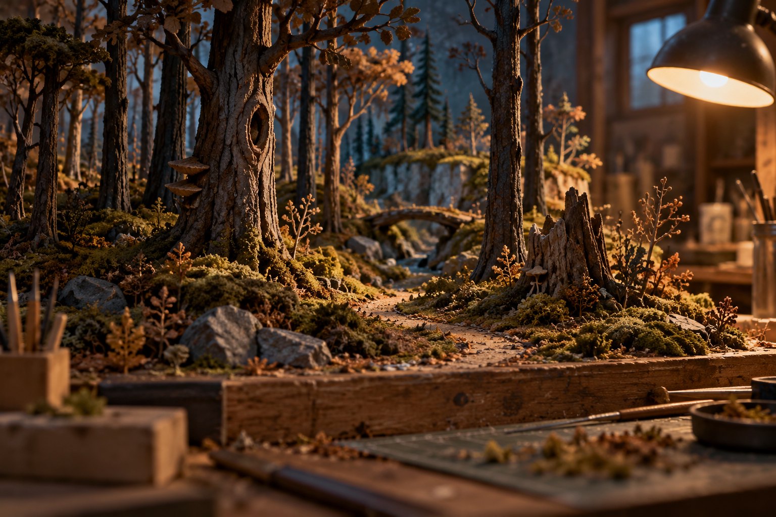 Conceptual illustration of a miniature woodland set with mossy trees and a winding path on a warmly lit animation workbench.