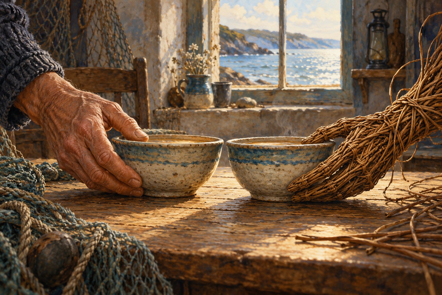 Original conceptual illustration of human and woven willow hands placing ceramic bowls on a sunlit cottage table.
