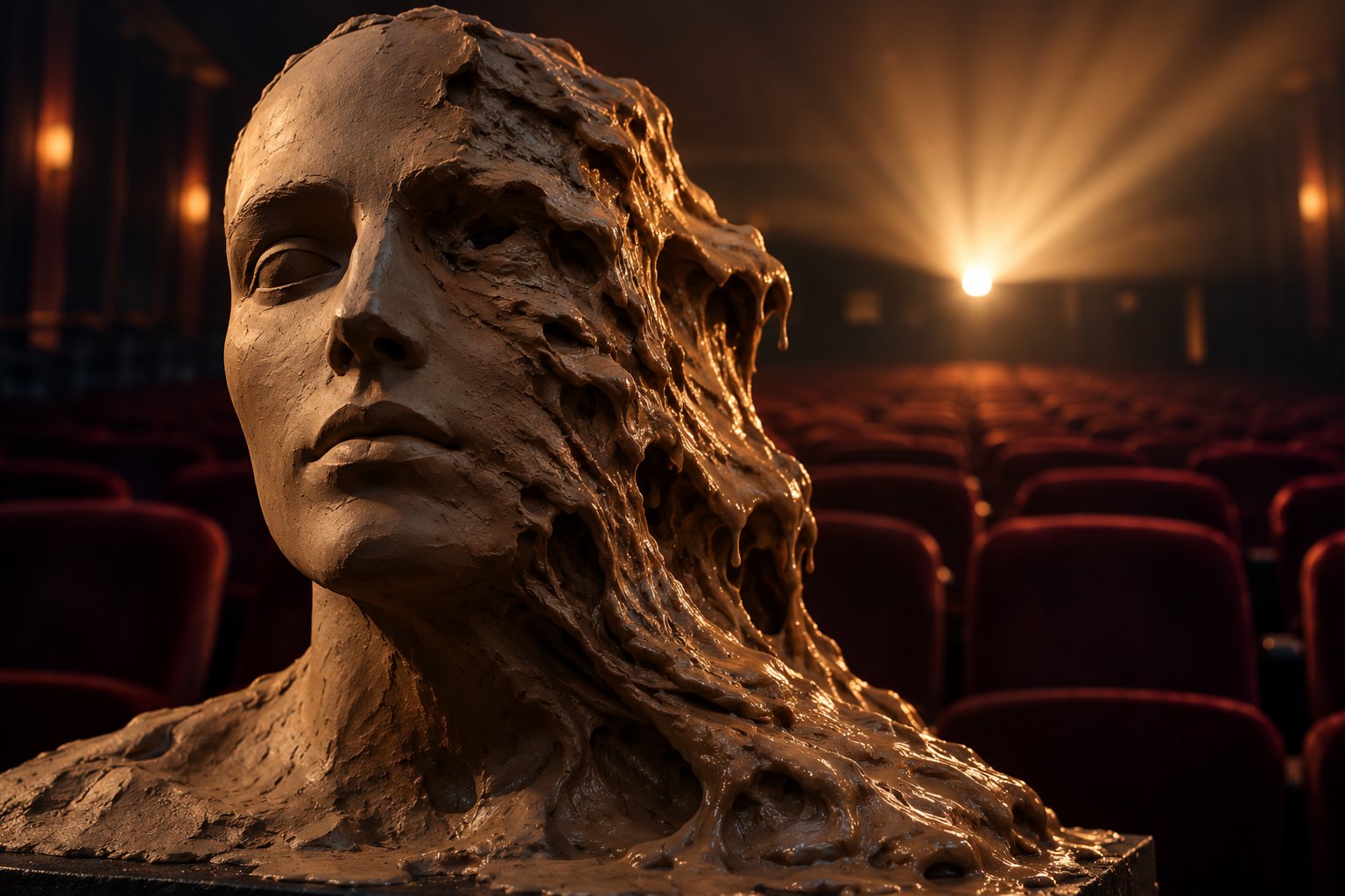 A partially dissolving clay face sculpture stands before blurred burgundy cinema seats in dramatic projector light.