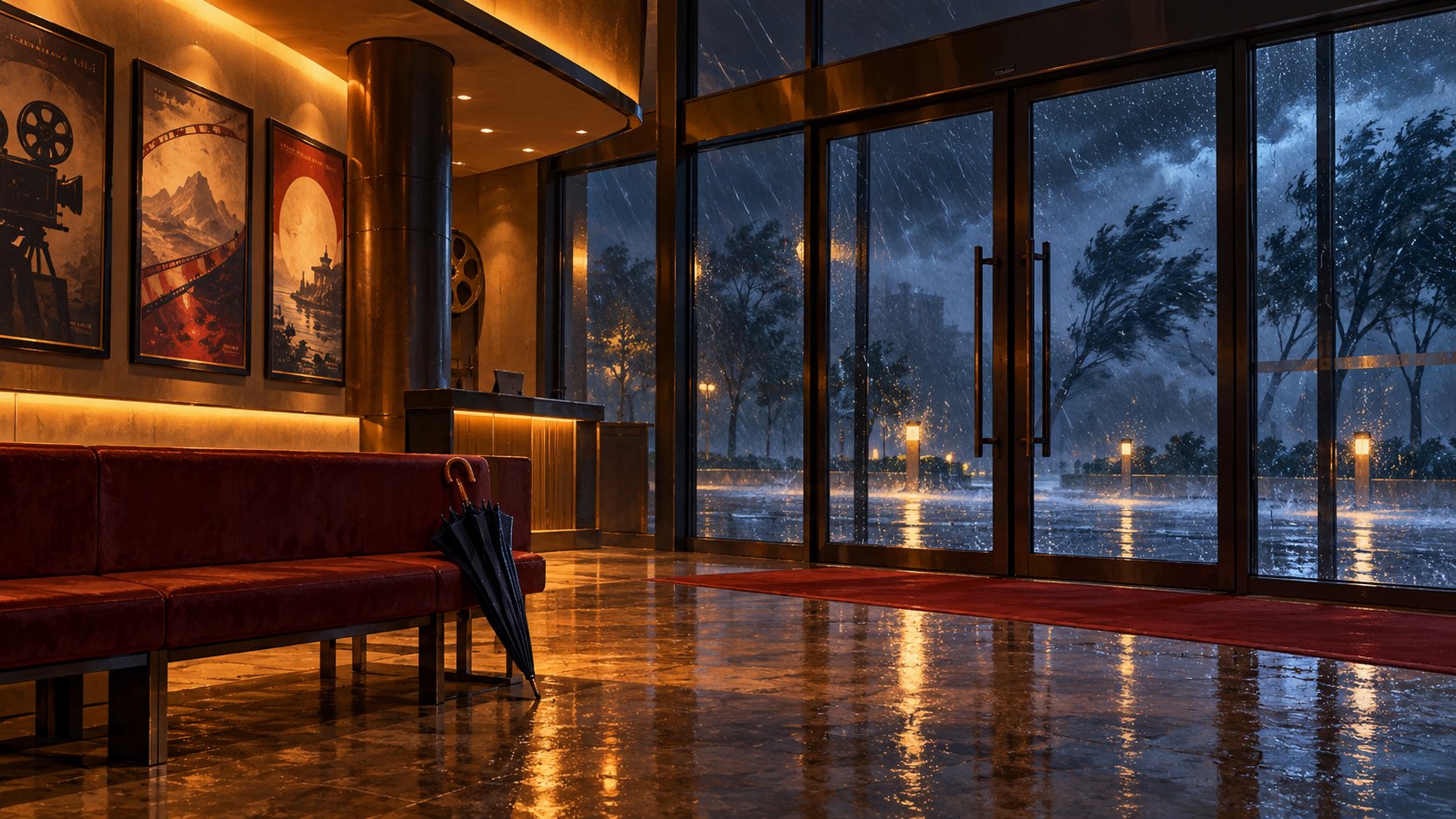風雨中的空蕩戲院入口與長椅旁的雨傘，呈現電影放映暫停的情境示意