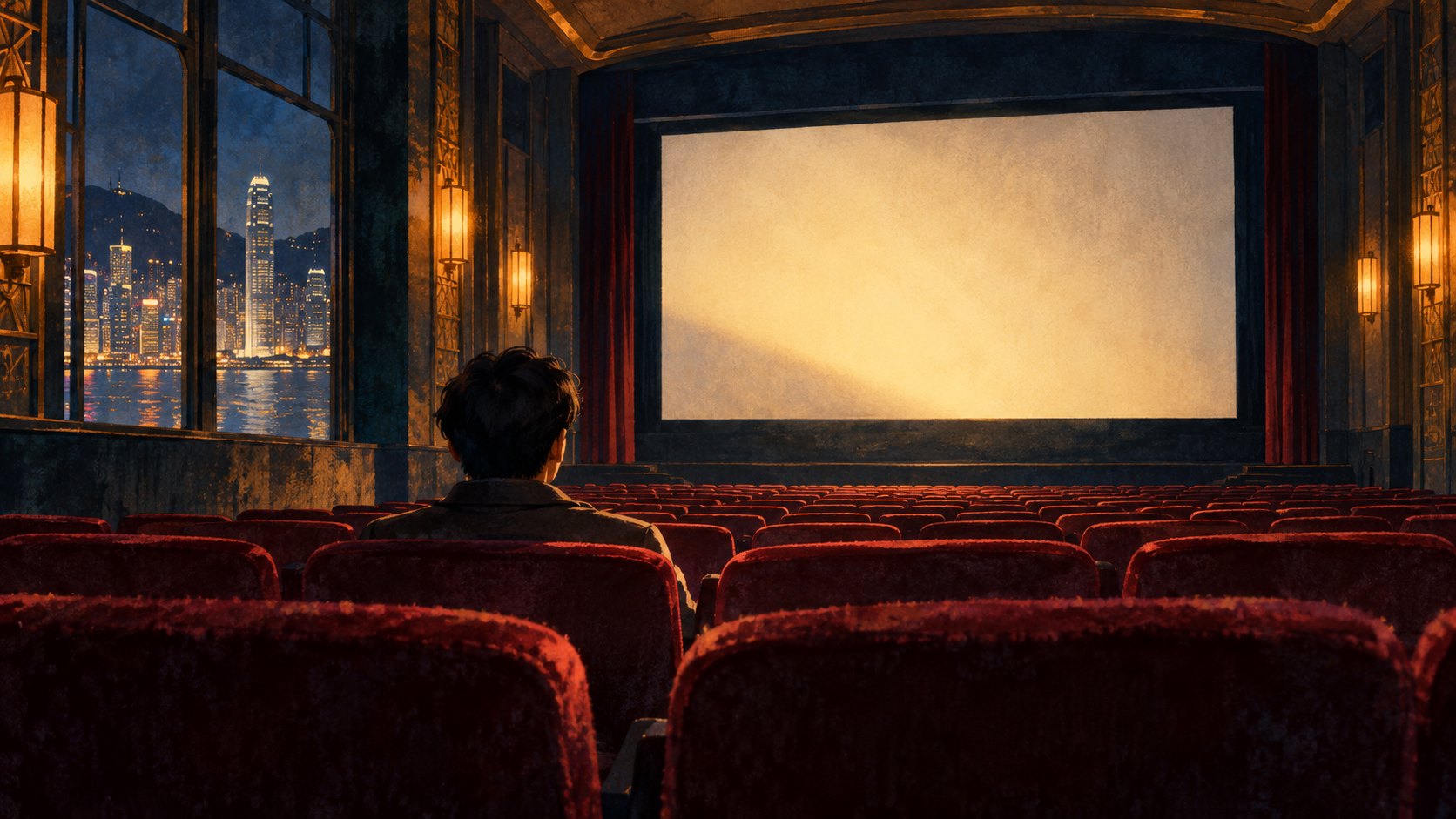 觀眾獨坐暗色戲院,面向發光銀幕的電影評論主題示意插畫