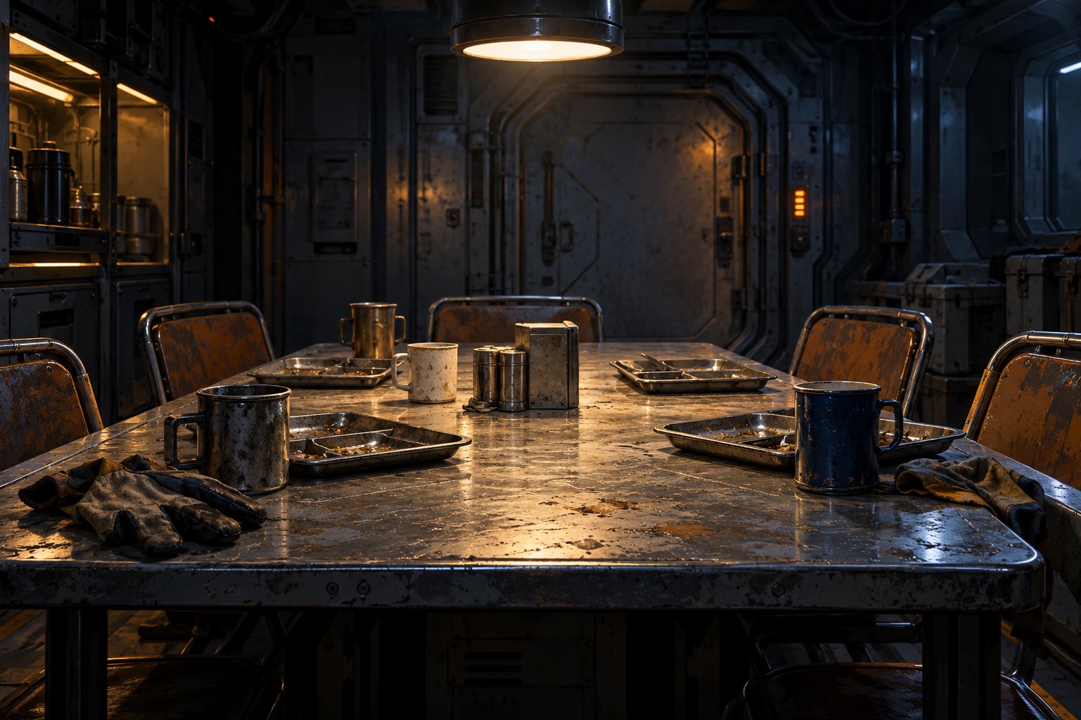 Concept illustration of an empty spacecraft dining table with worn cups, metal trays, and work gloves under a warm overhead lamp.
