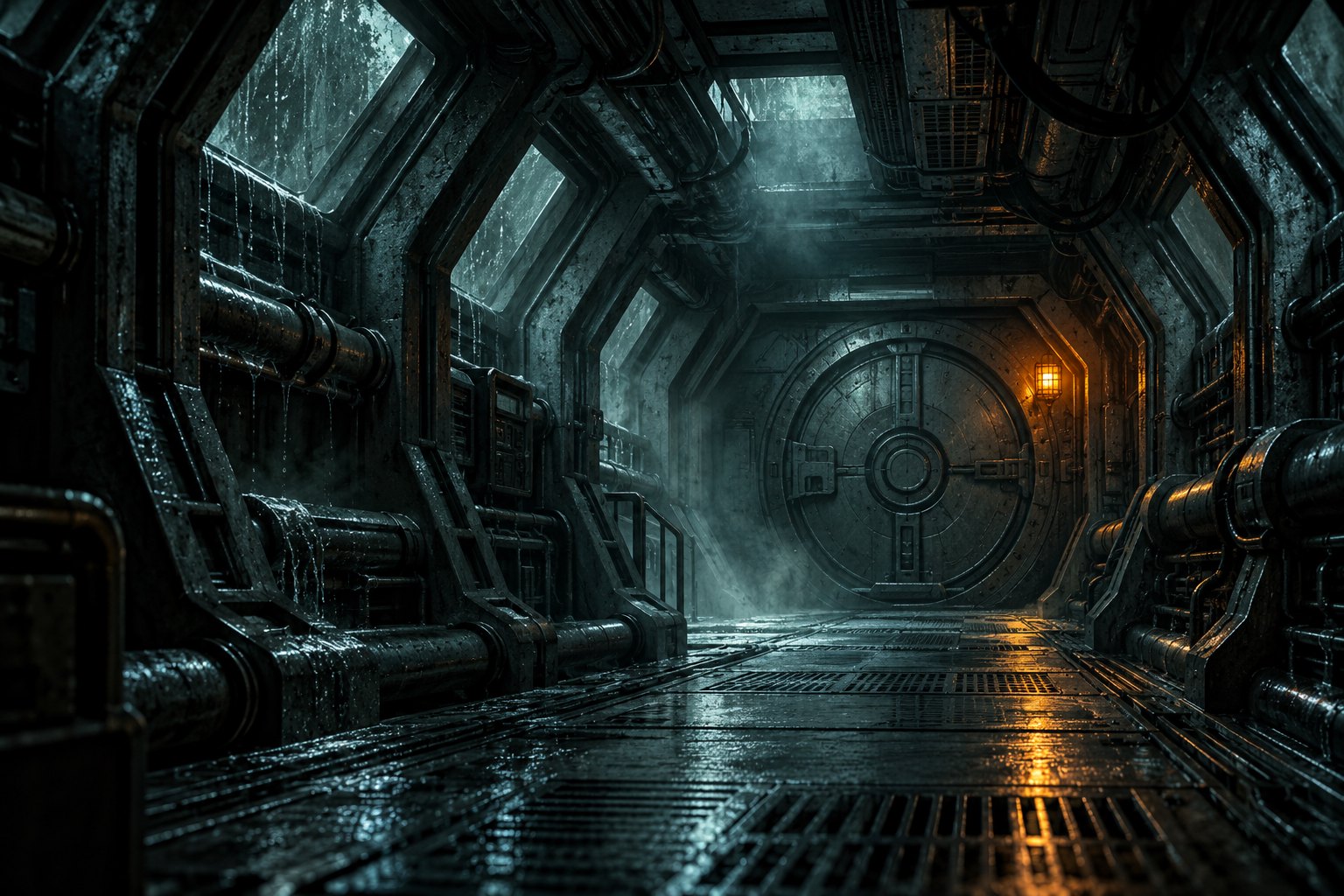 Concept illustration of a deserted spacecraft corridor with wet metal floors, exposed pipes, and an amber light beside a sealed hatch.