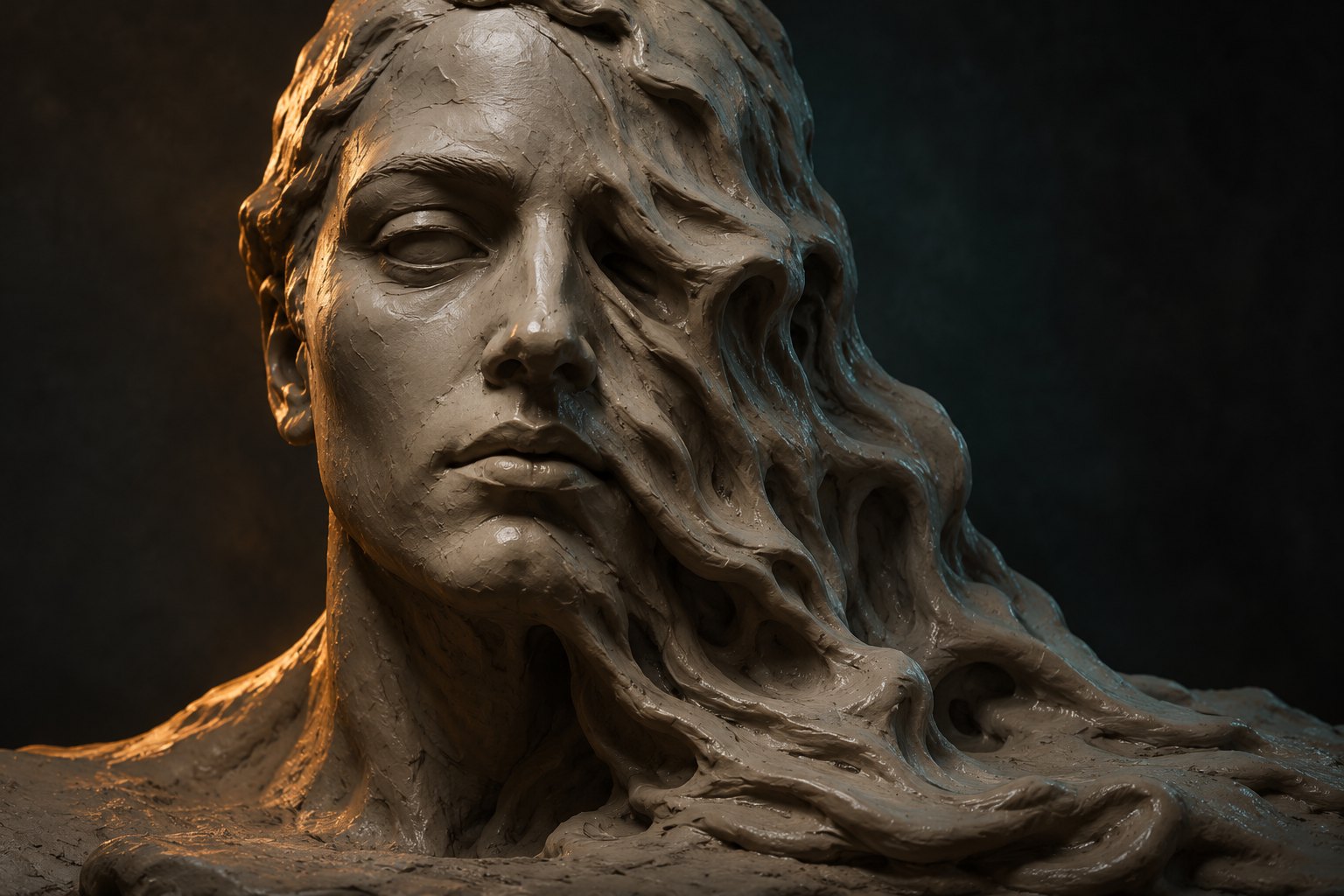 Symbolic illustration of a gray clay face dissolving into folds under warm and cool light.