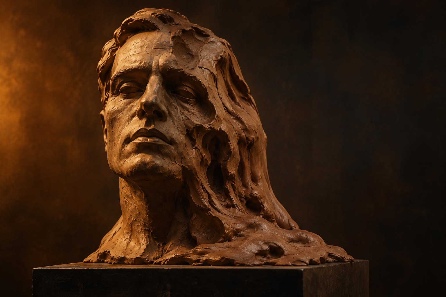 A brown clay bust with one side collapsing into rough folds under warm dramatic lighting.