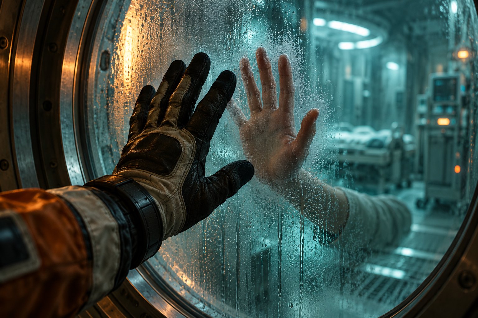 Conceptual illustration of a gloved hand and a bare hand reaching toward each other across a fogged quarantine window.