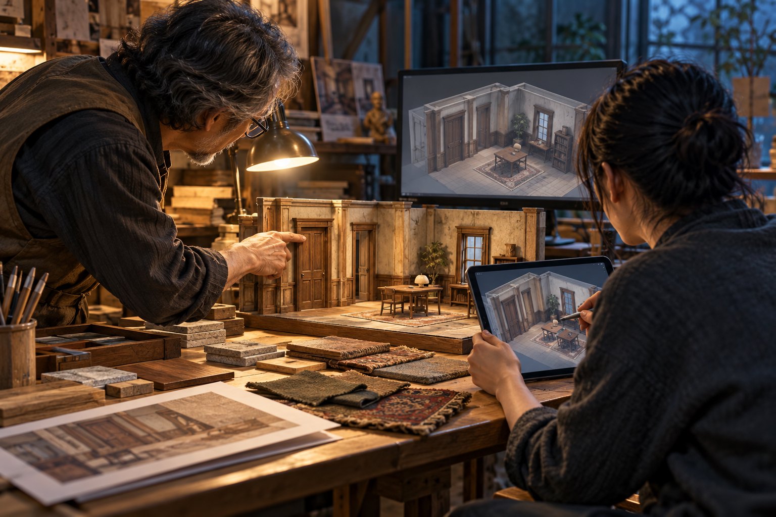 概念插画:两位美术人员对照微缩布景与数字模型,讨论门框的材质细节