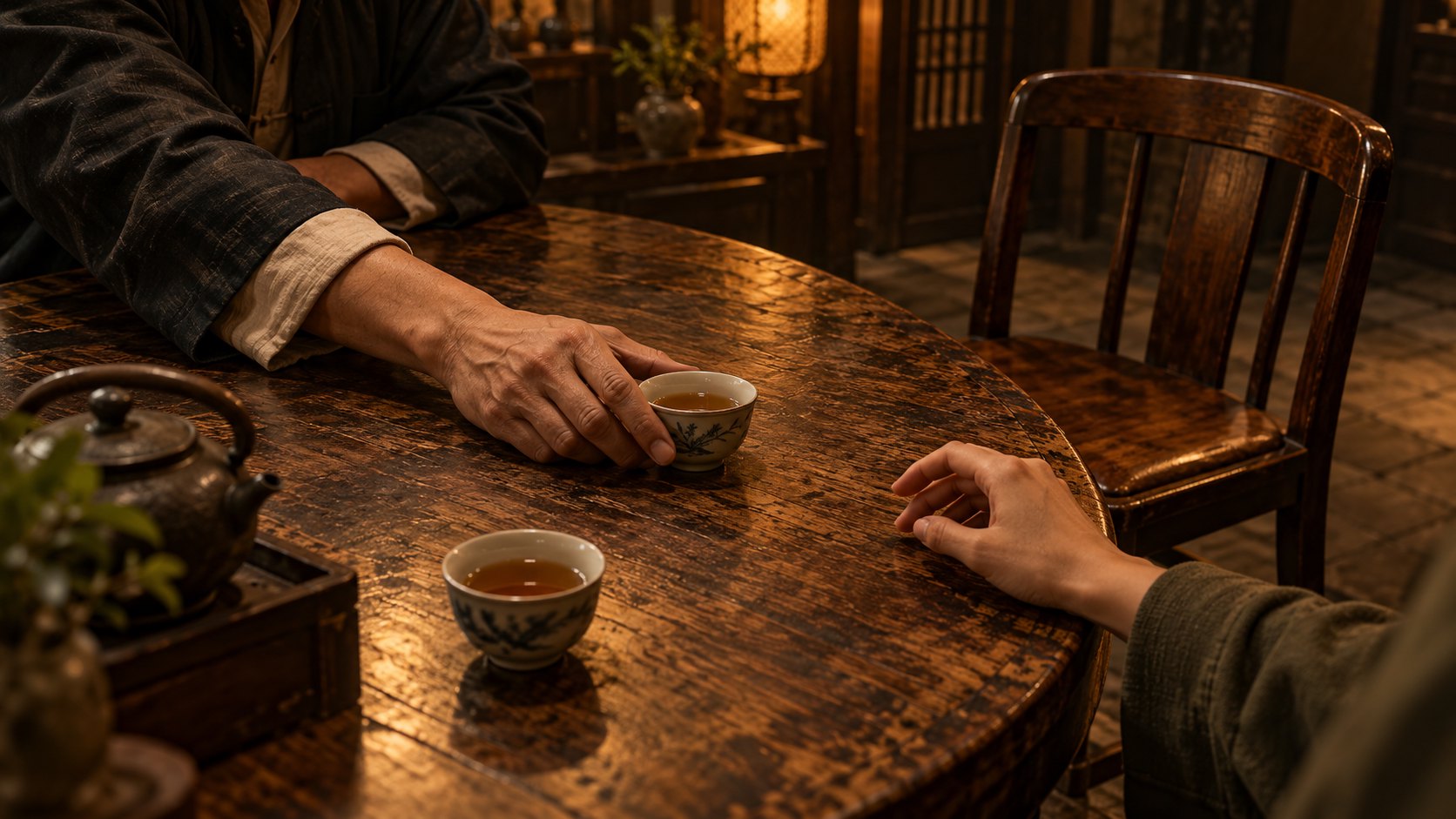 木桌旁一隻手推來茶杯,另一隻手停在桌邊,呈現人情往來與遲疑的概念插畫,非電影劇照
