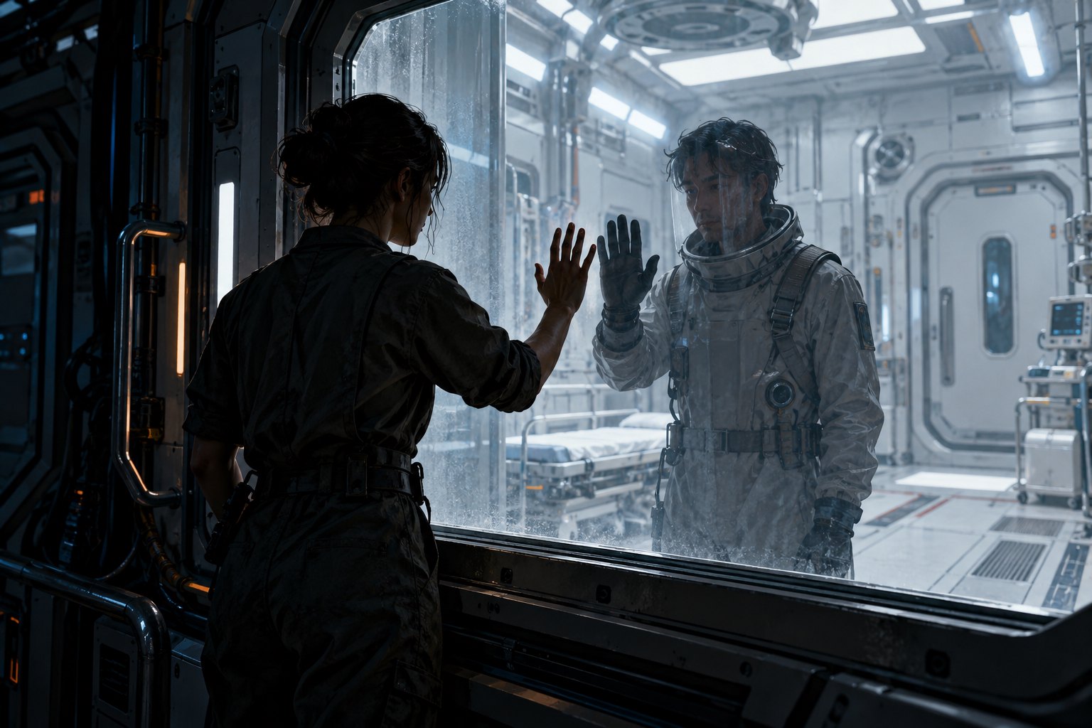 Concept illustration of two spacecraft workers facing each other through a sealed glass partition, their raised hands nearly aligned.