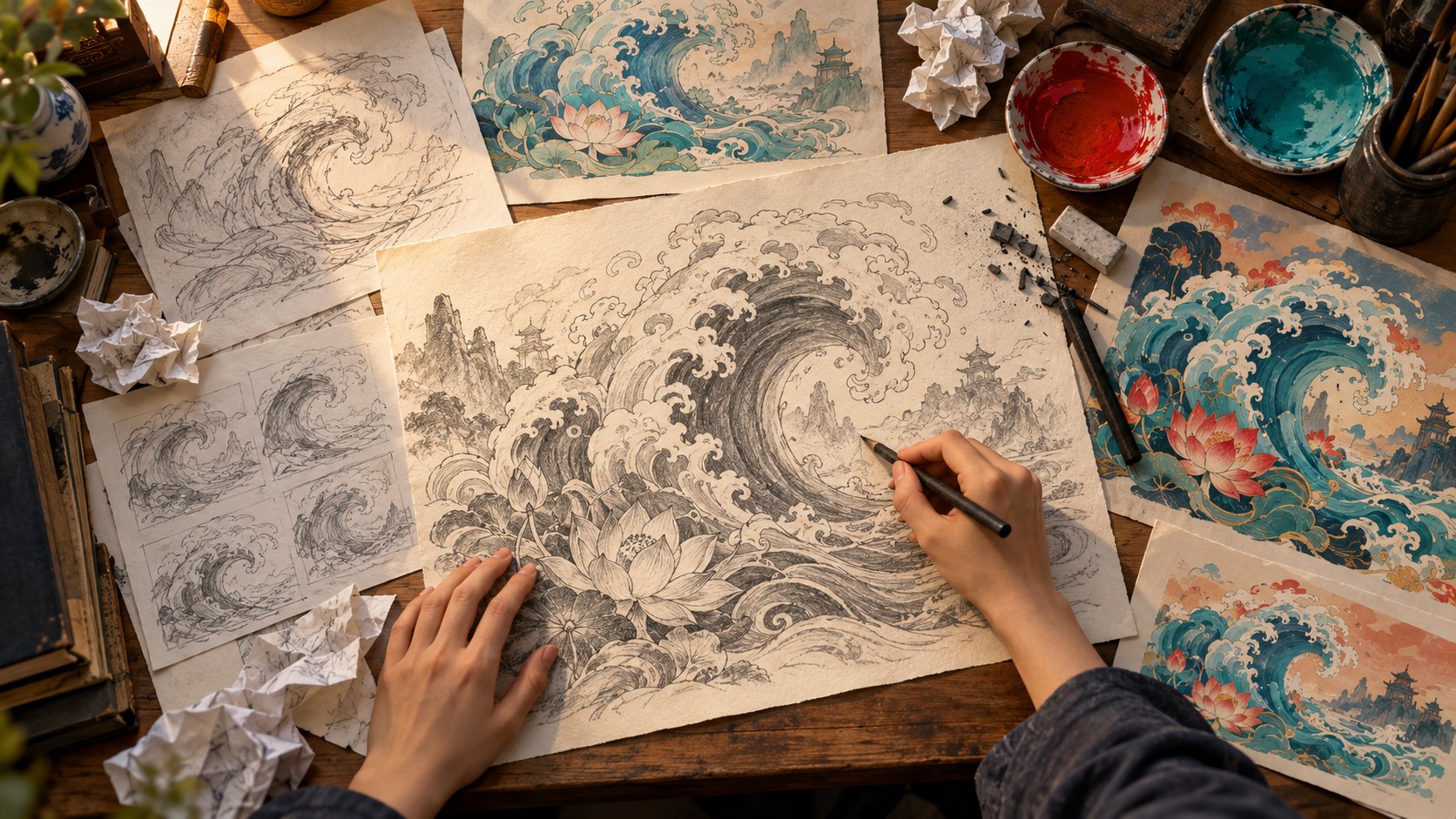 畫者在桌上修改海浪與蓮花設計，四周散放不同版本草稿的概念插畫，非實際製作紀錄