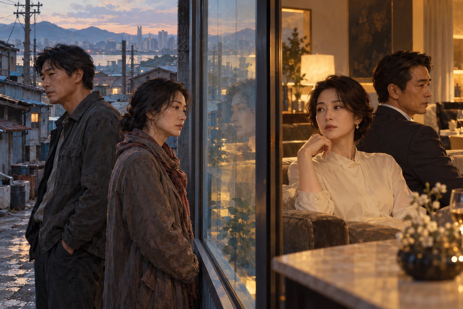 Conceptual illustration of two Korean couples separated by glass, with an industrial neighborhood contrasting with a warmly lit interior.