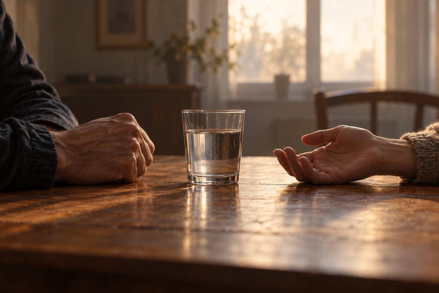 Conceptual illustration of two hands across a wooden table, one clenched and one open, with a glass of water between them.