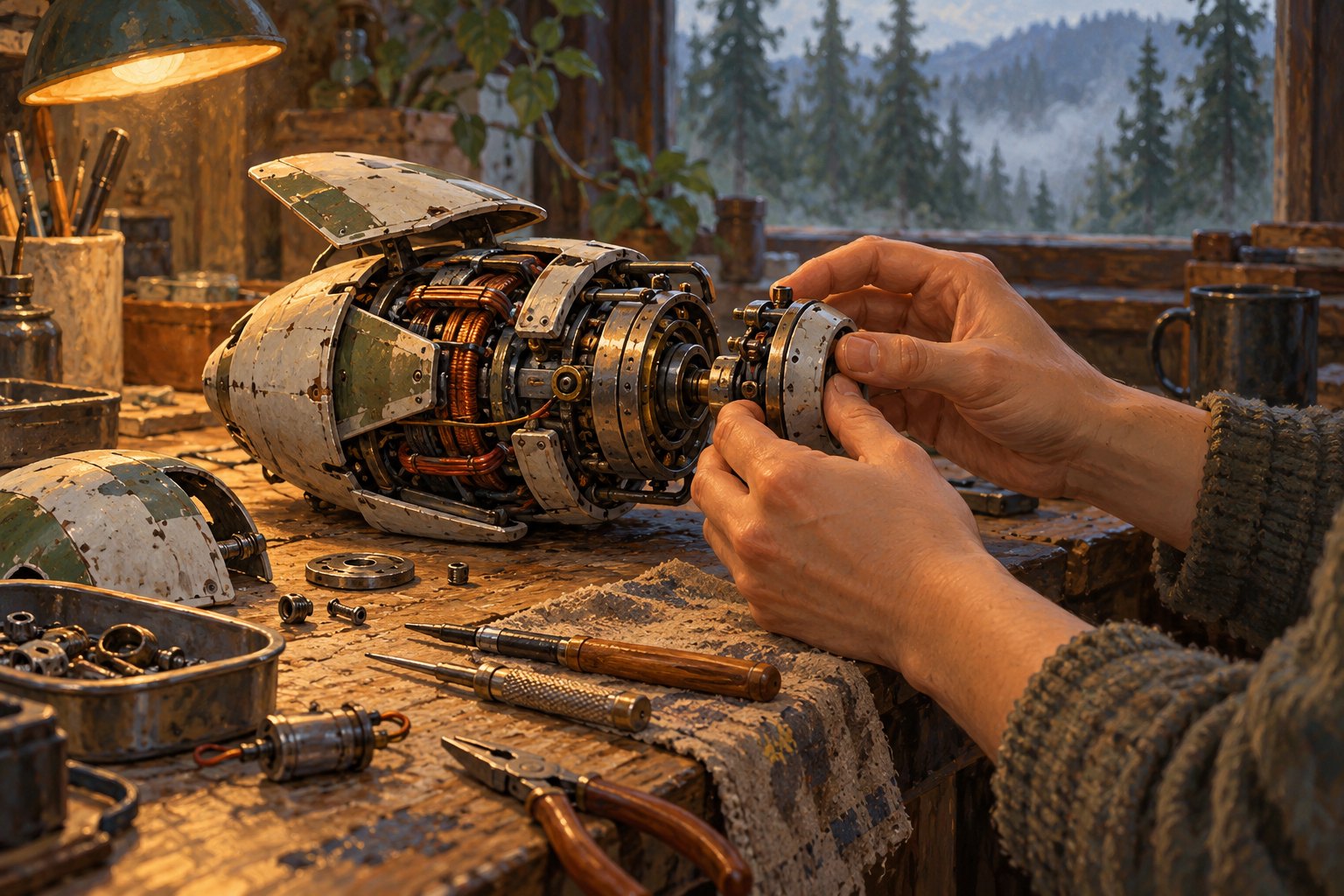Concept illustration of hands repairing an imaginary spacecraft mechanism on a wooden workbench overlooking a misty evergreen forest.