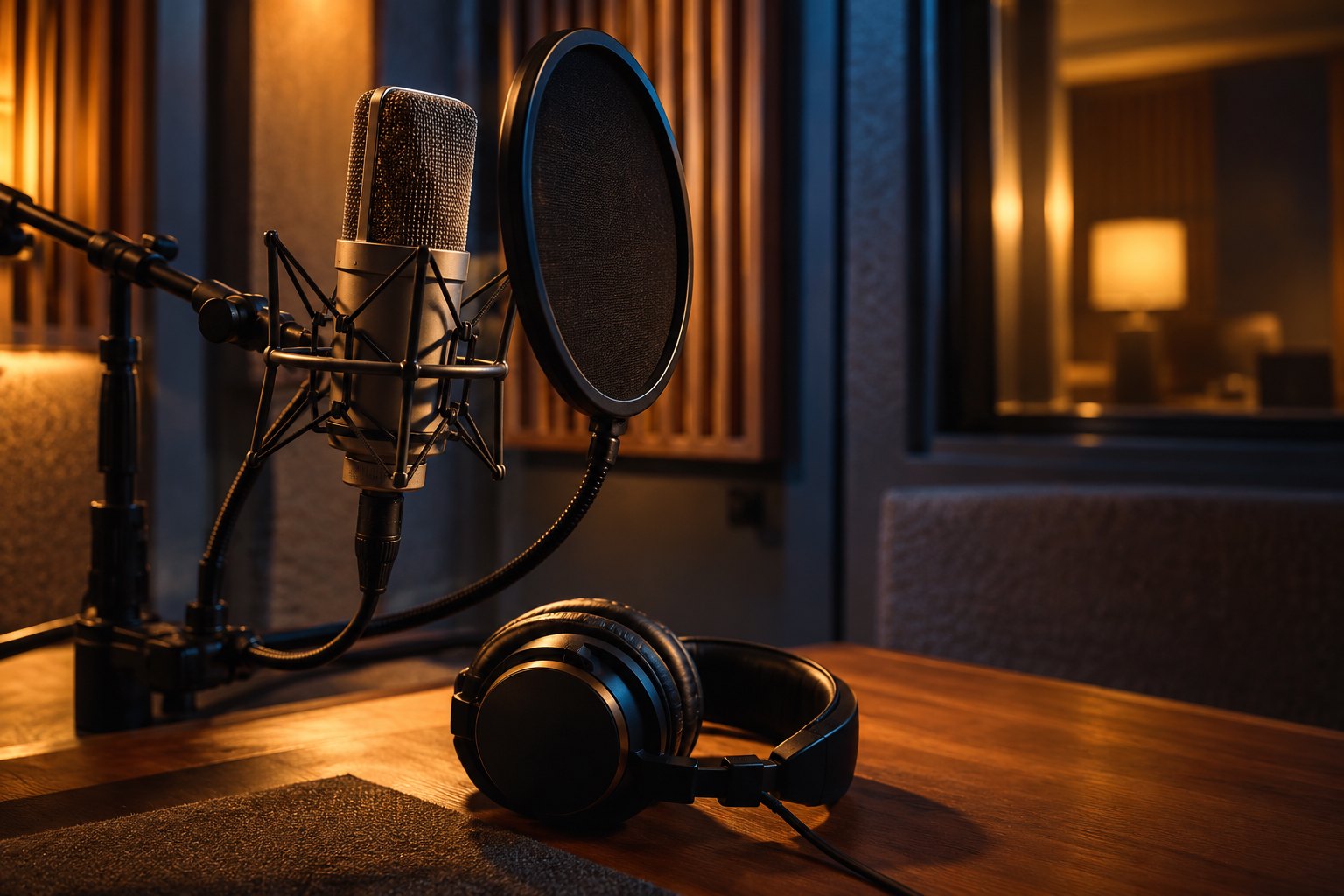 Conceptual editorial image of a microphone, pop filter, and headphones in a warmly lit recording booth.