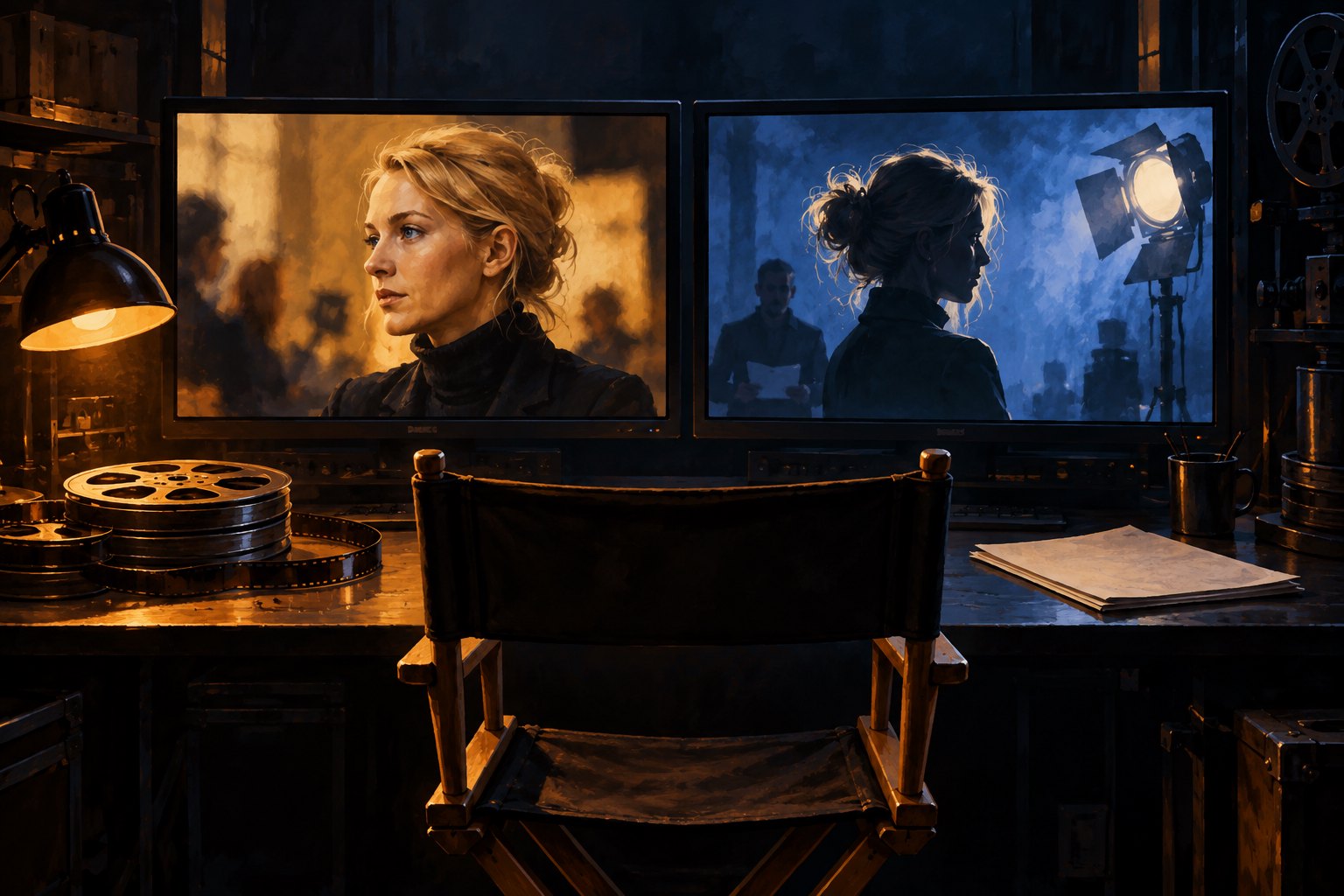 Conceptual illustration of an empty director’s chair facing two monitors showing a blonde woman’s portrait and a staged silhouette.