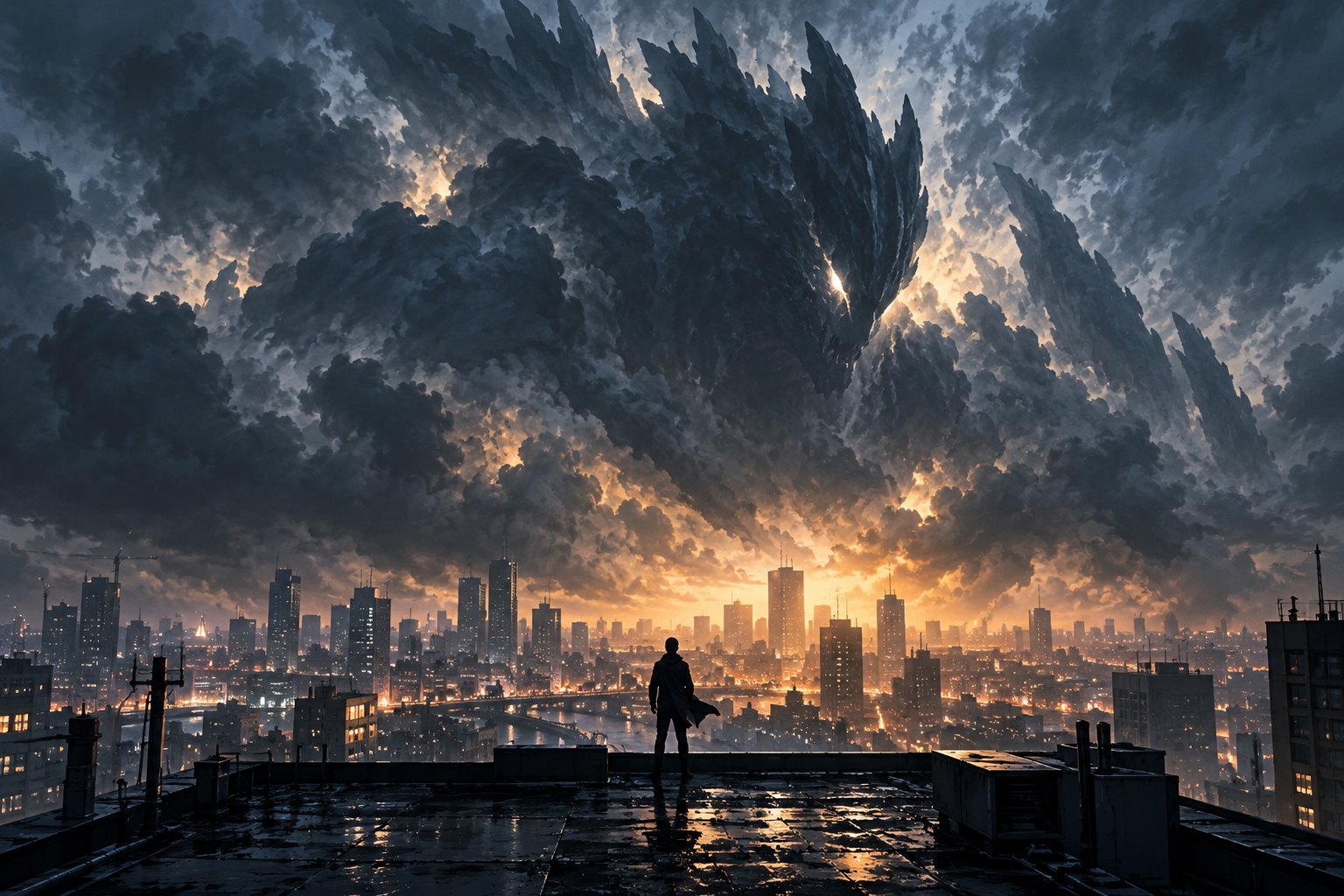 Concept illustration of a lone rooftop figure facing a colossal monster-shaped shadow above a stormy city.