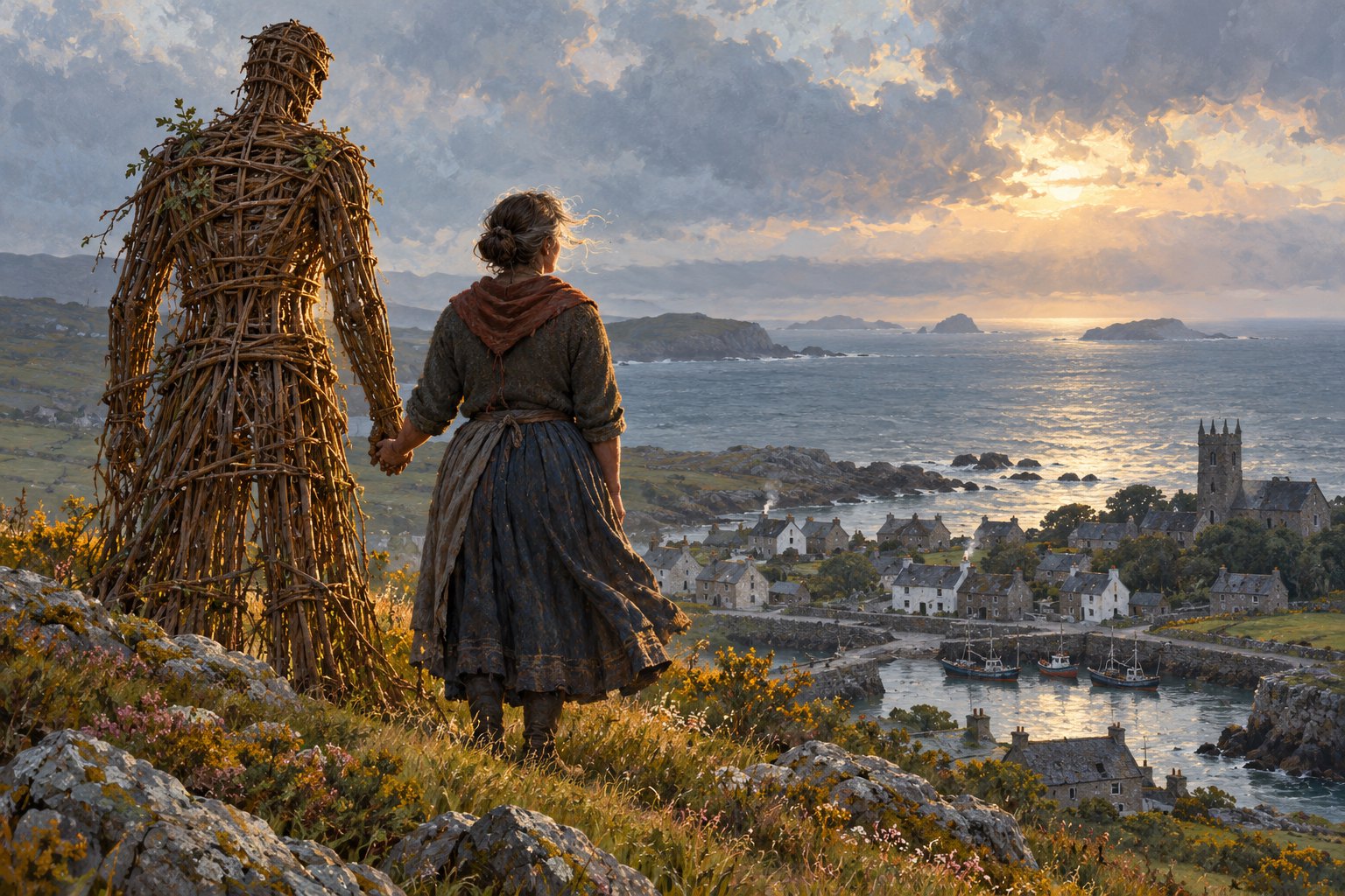 Original editorial illustration of a fisherwoman holding hands with a woven willow man above a coastal village.
