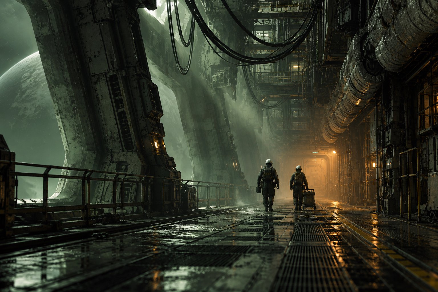 Concept illustration of two maintenance workers walking through a vast industrial spacecraft passage beneath hanging cables.