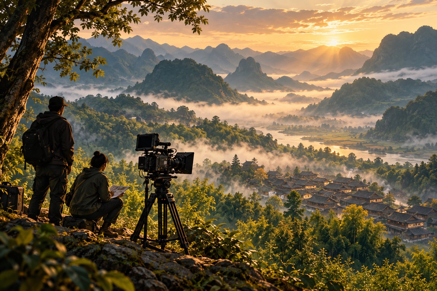 云南影视主题概念插画：电影摄影机与勘景人员面向层叠山峦和村落