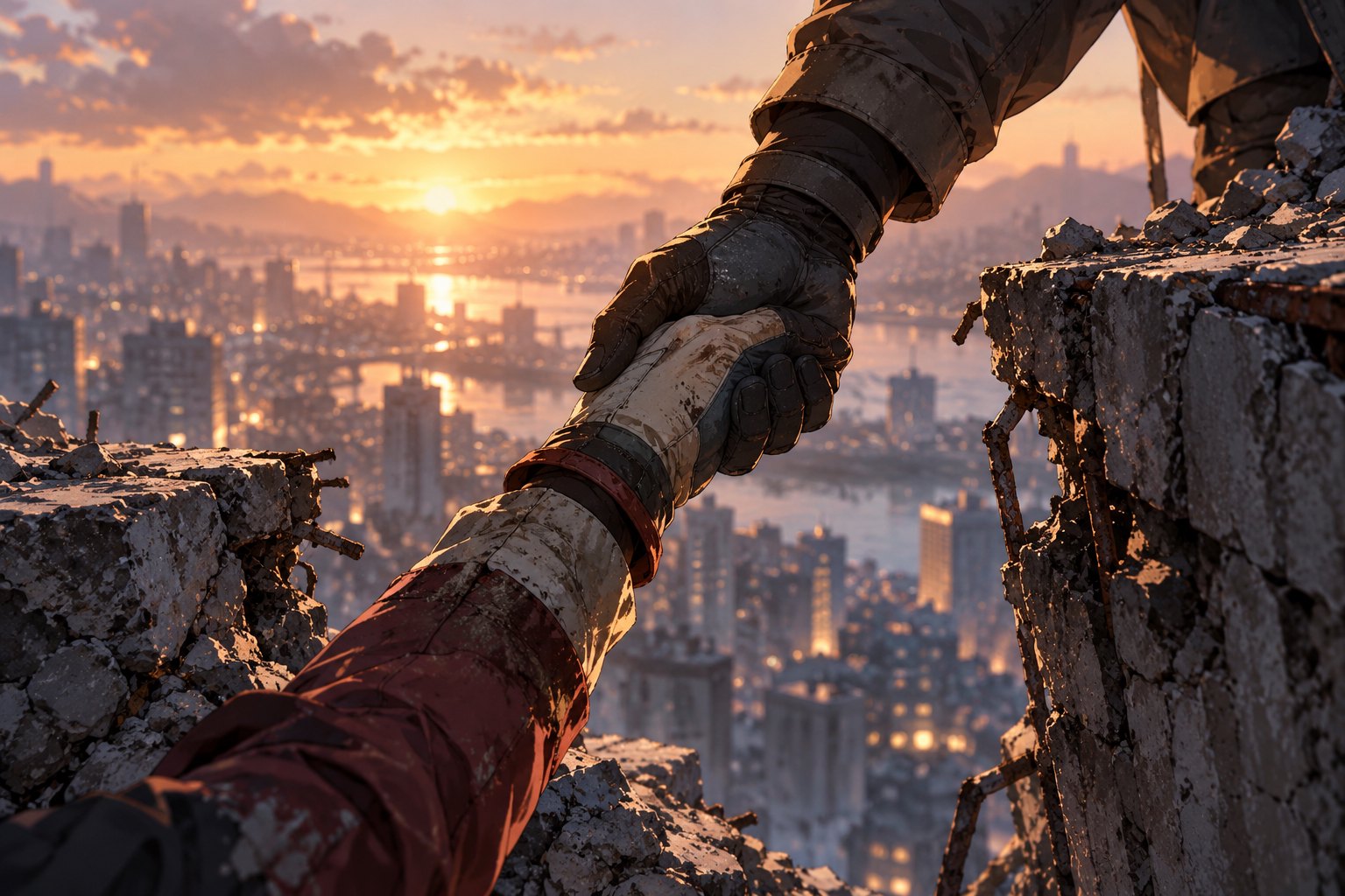Concept illustration of two gloved hands clasping between broken concrete ledges above a city at sunrise.