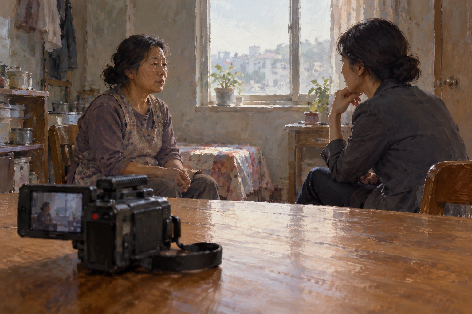 Conceptual illustration of a video camera on a wooden table while two women converse in a modest sunlit room.