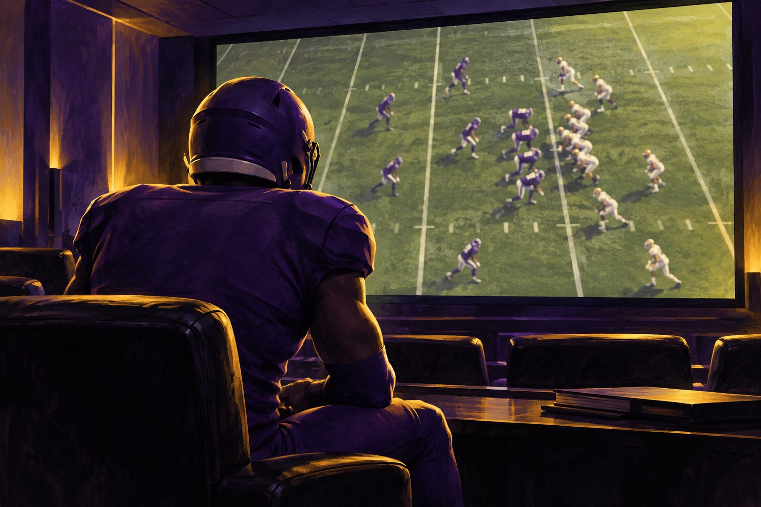 Conceptual illustration of a football defender in purple watching a projected game in a dark film room.