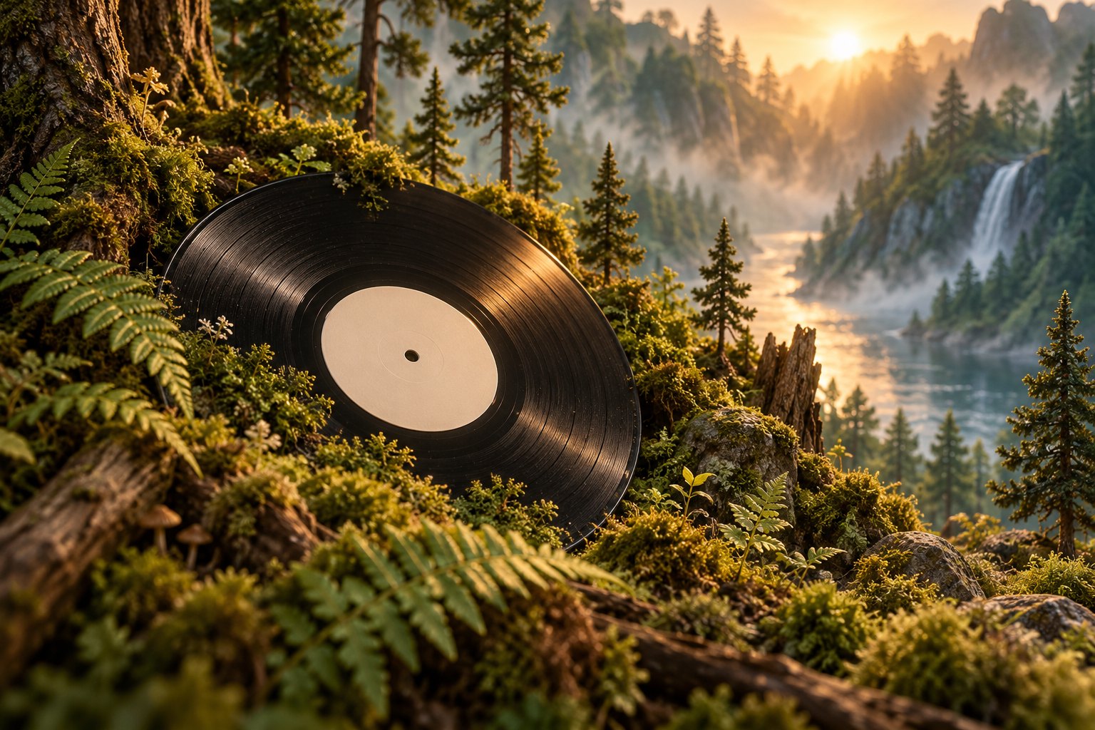 A blank-label vinyl record surrounded by moss, ferns, and miniature woodland trees in misty golden light.