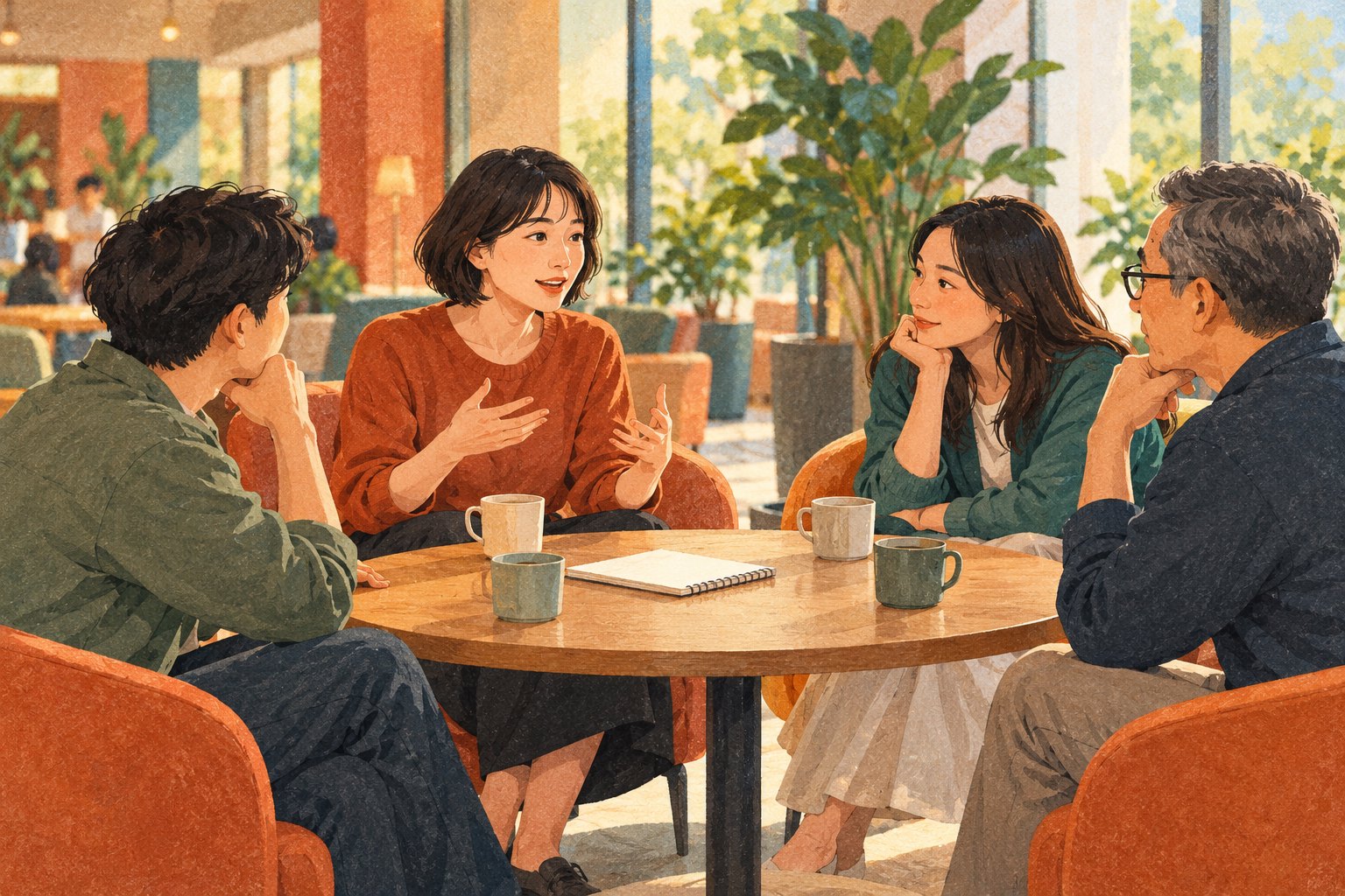 四位观众围坐木桌交流观影感受,一人讲述、其他人倾听的主题插画