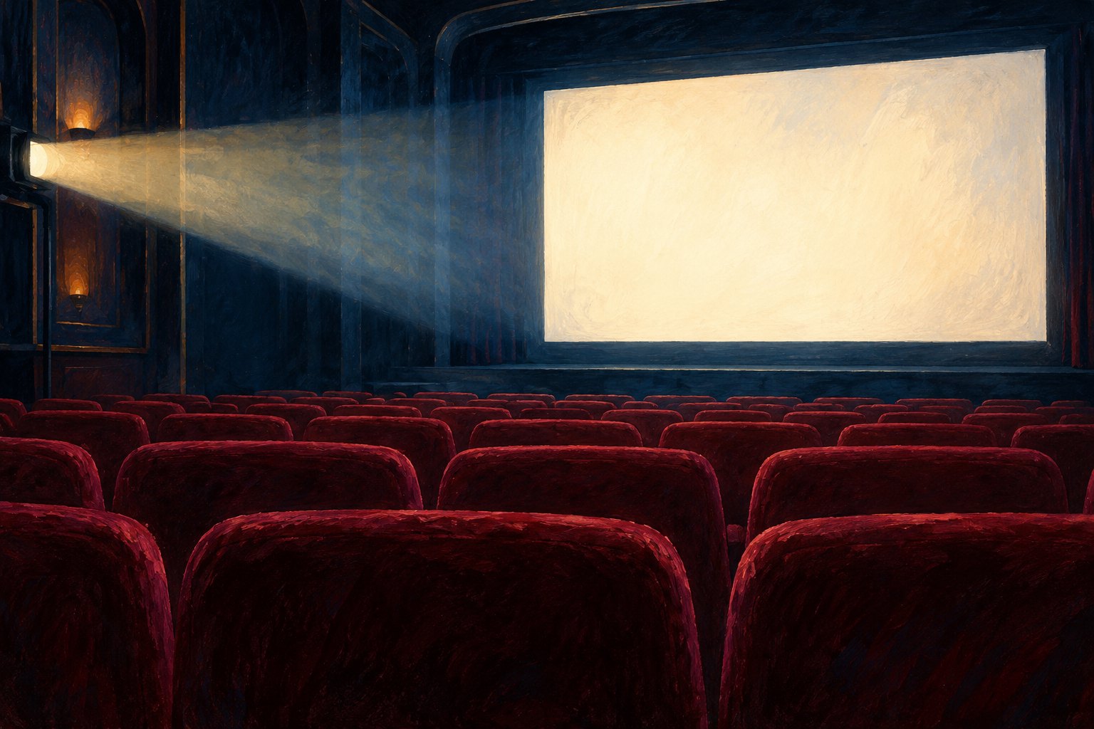 Conceptual illustration of an empty cinema with burgundy seats and a beam of light reaching a blank screen.