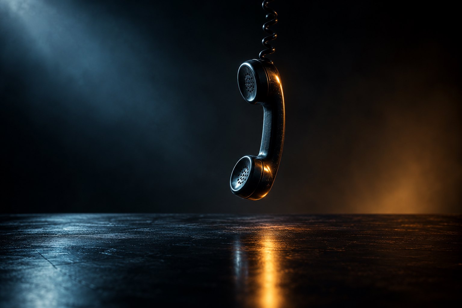 Conceptual illustration of a black telephone handset suspended above a dark tabletop in cool and warm light.